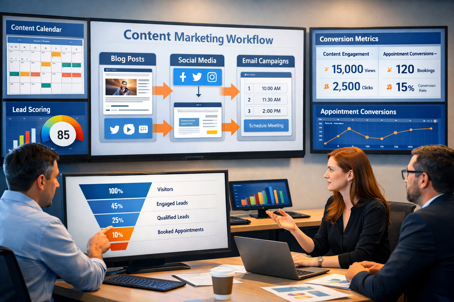 Modern B2B office setting showing content marketing workflow visualization with multiple screens displaying blog posts, social media content