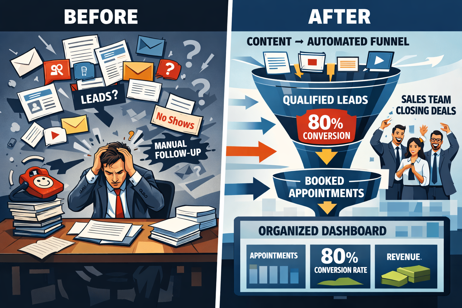 Split-screen comparison illustration showing 'before and after' content to appointment funnel transformation. Left side depicts scattered, d