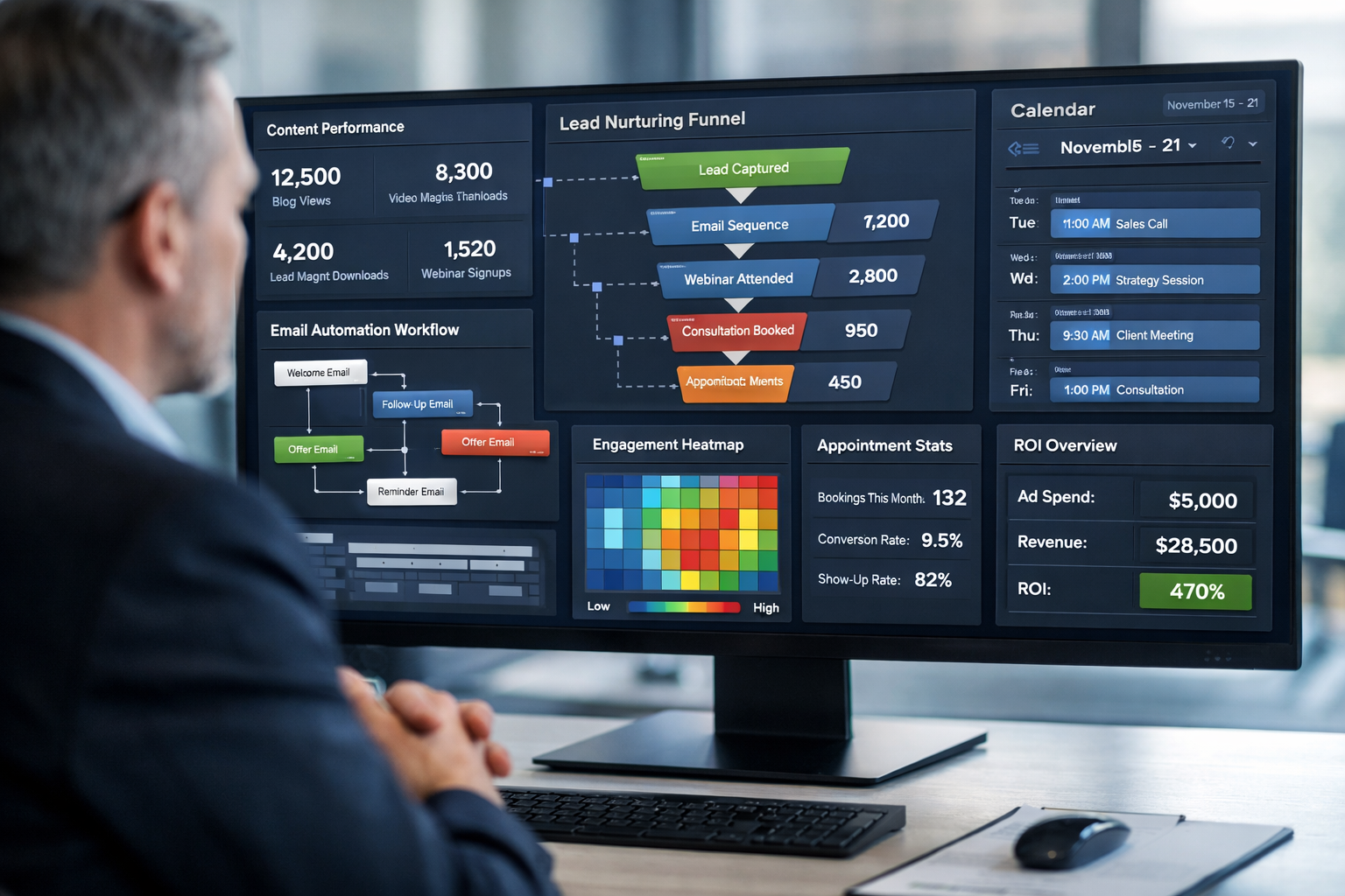Interactive dashboard mockup displaying real-time content to appointment funnel analytics with multiple conversion touchpoints. Screen shows