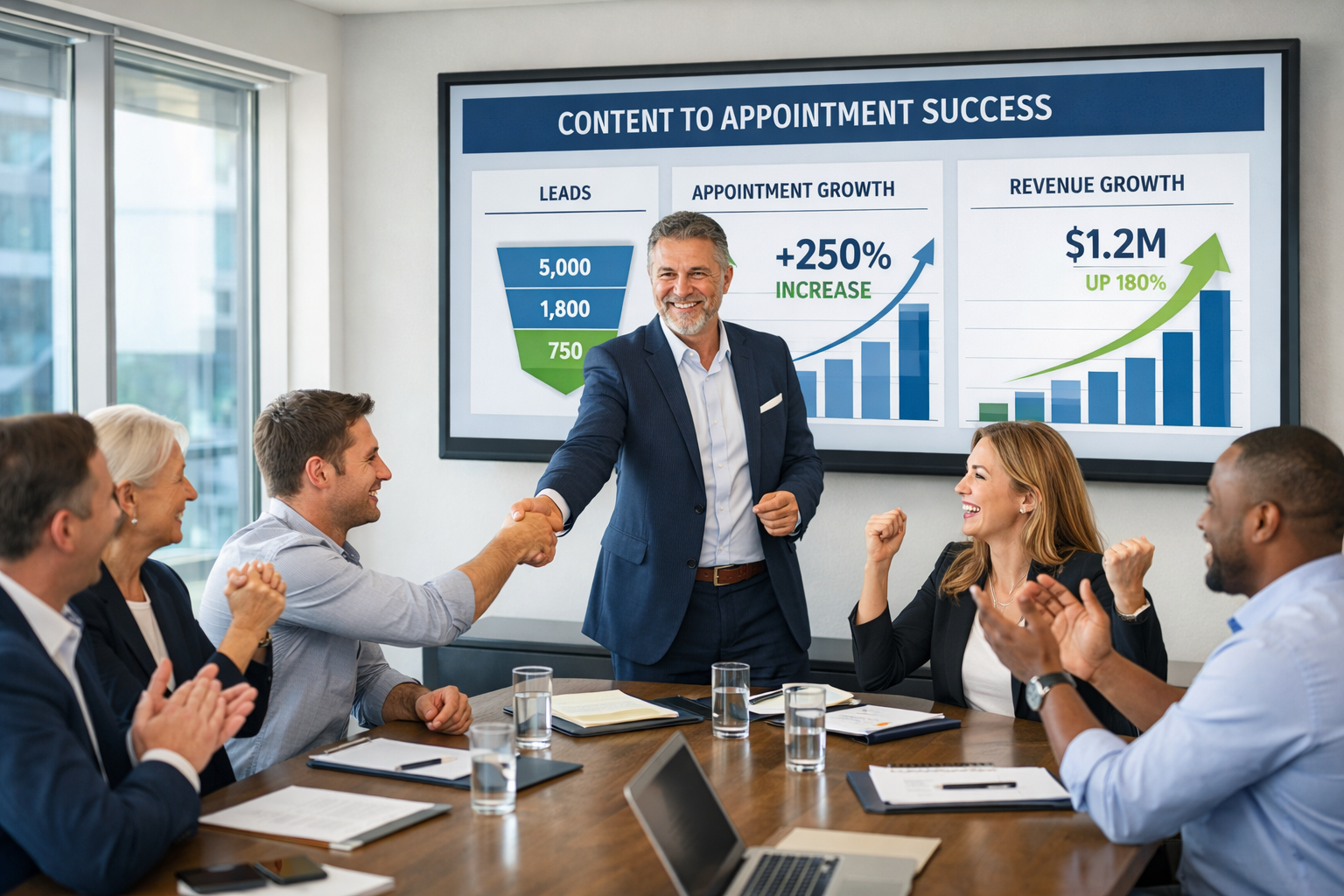 Professional B2B sales meeting scene with confident business owner presenting appointment booking results to team. Conference room setting w