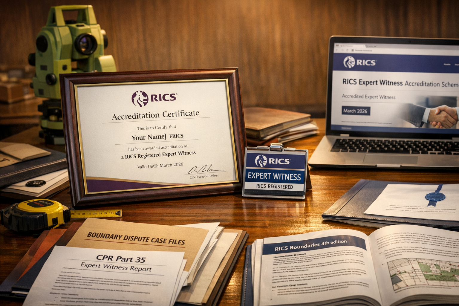 () detailed illustration showing RICS accreditation certificate and expert witness badge prominently displayed on wooden