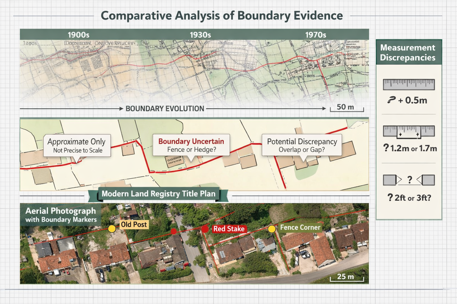 () technical illustration showing comparative analysis of boundary evidence types: top half displays historical Ordnance