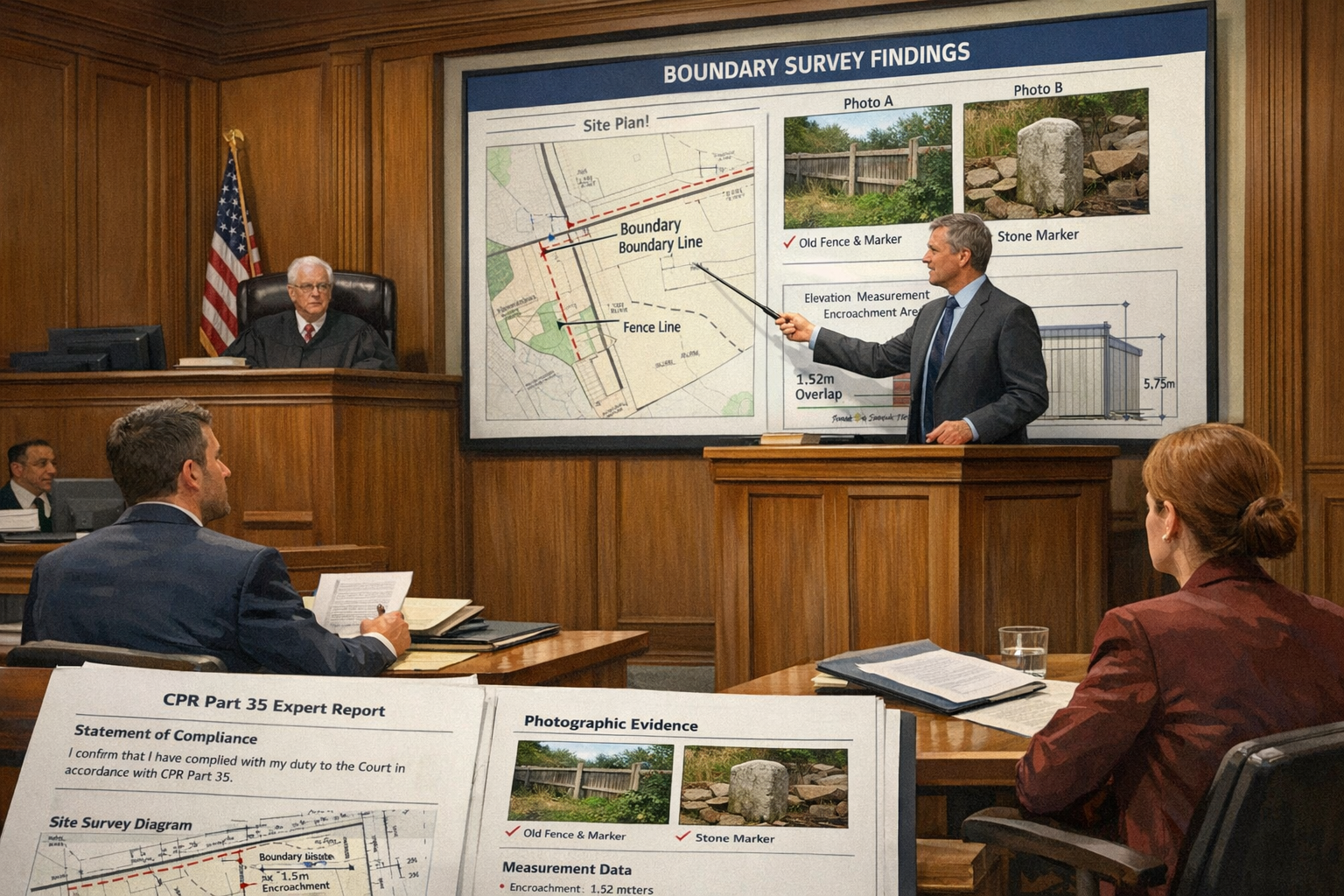 () courtroom scene illustration showing expert witness surveyor standing at witness box presenting evidence, with large