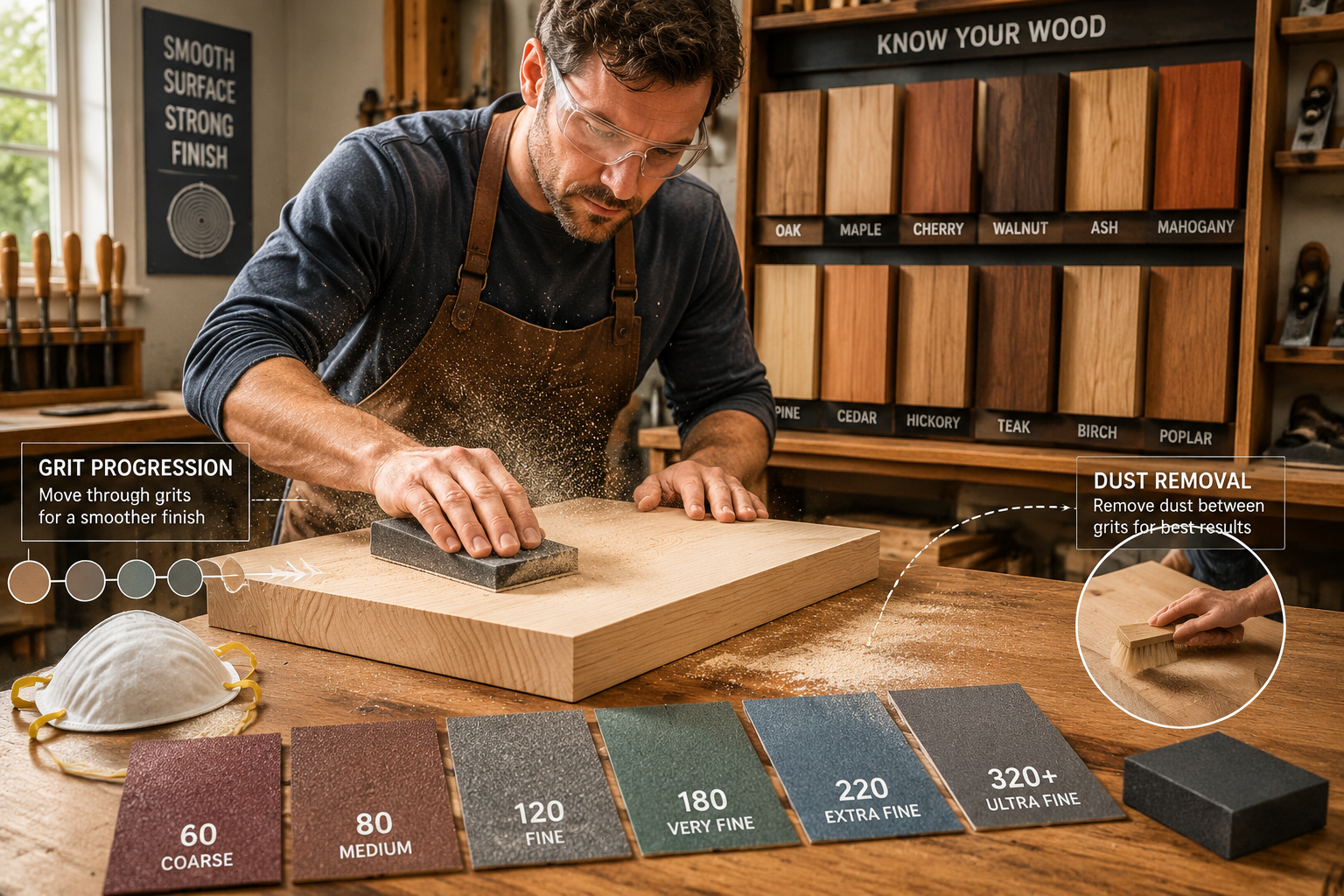 A detailed () image showing a craftsman meticulously sanding a piece of raw wood, emphasizing the preparation stage of wood