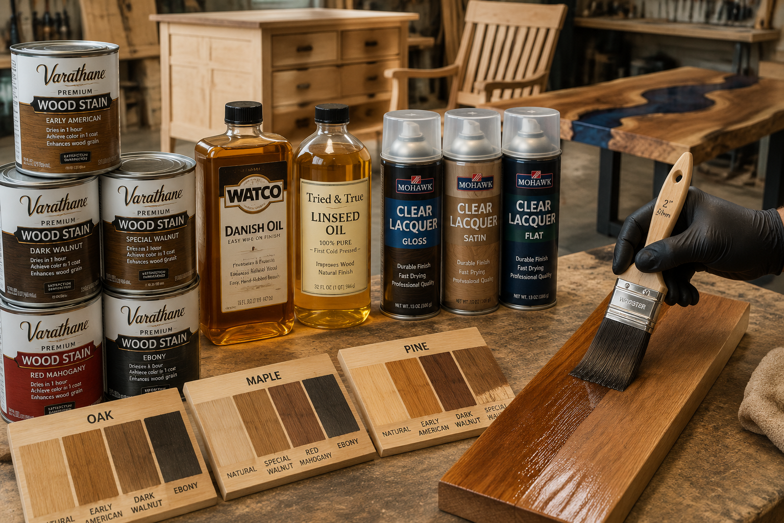 A vibrant () image presenting a diverse array of wood finishing products: cans of wood stain in various shades, bottles of
