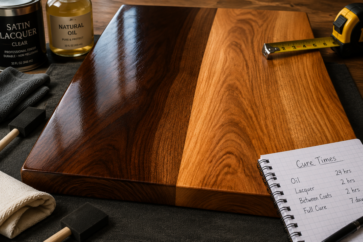 A close-up, high-definition () image focusing on the professional-grade result of a finished wooden surface. One half of the