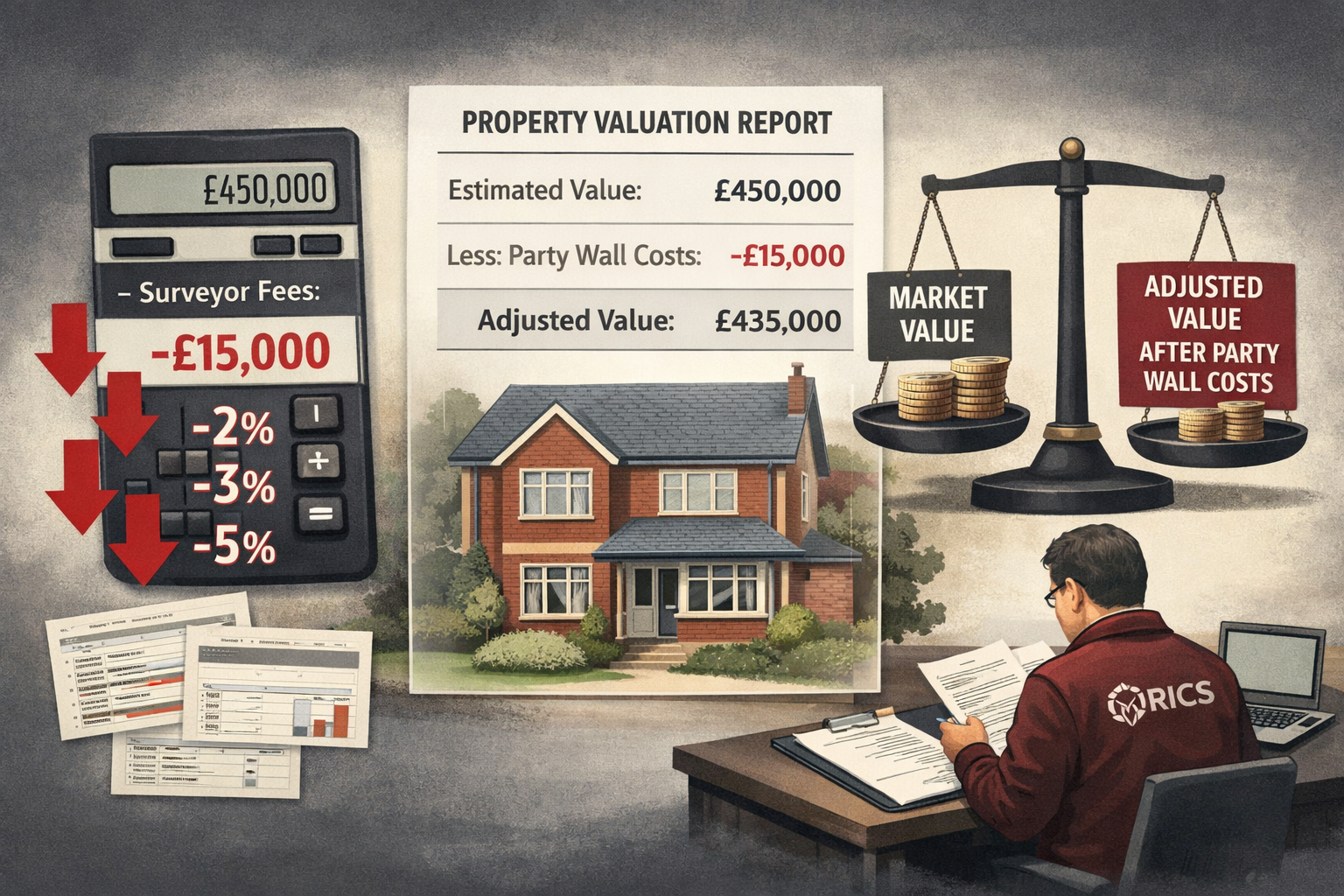 () conceptual illustration depicting property valuation adjustment process. Central image shows residential property with