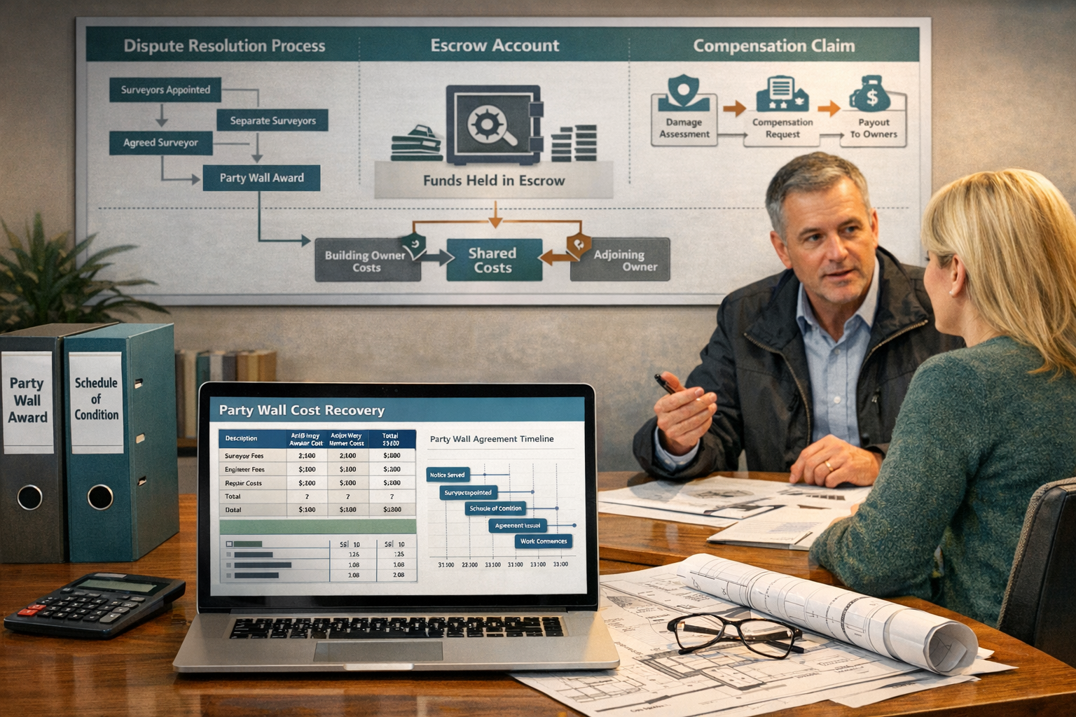 () strategic planning scene showing homeowner consultation with chartered surveyor in modern office setting. Foreground