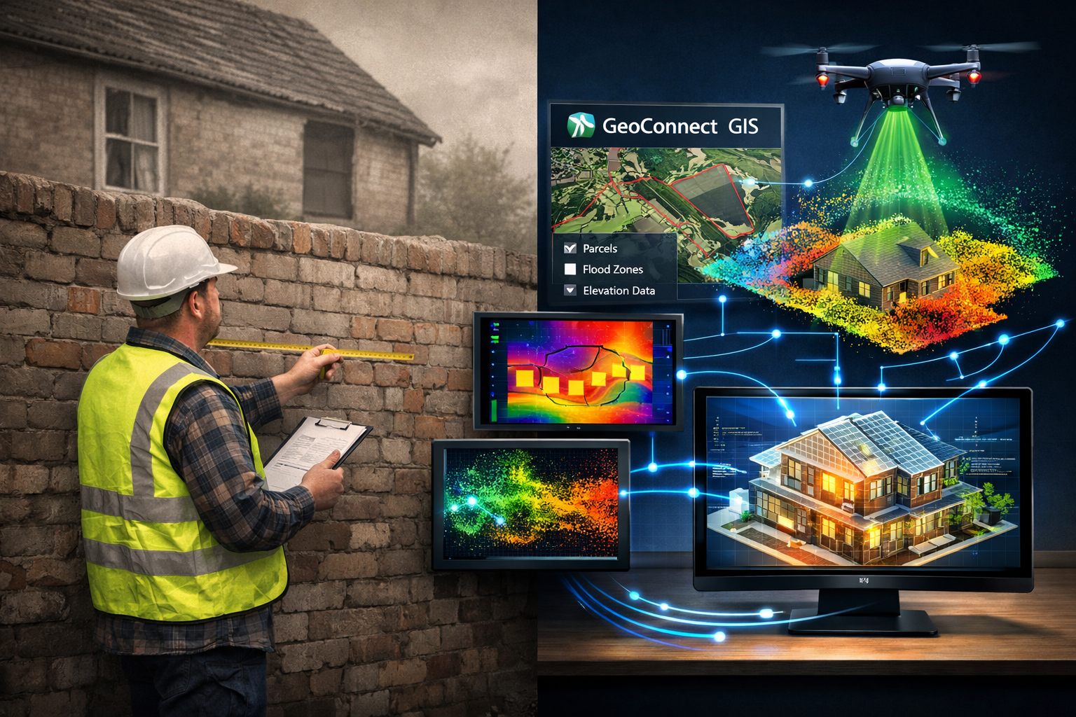 Detailed () image showing split-screen comparison of traditional building survey methods versus modern integrated technology