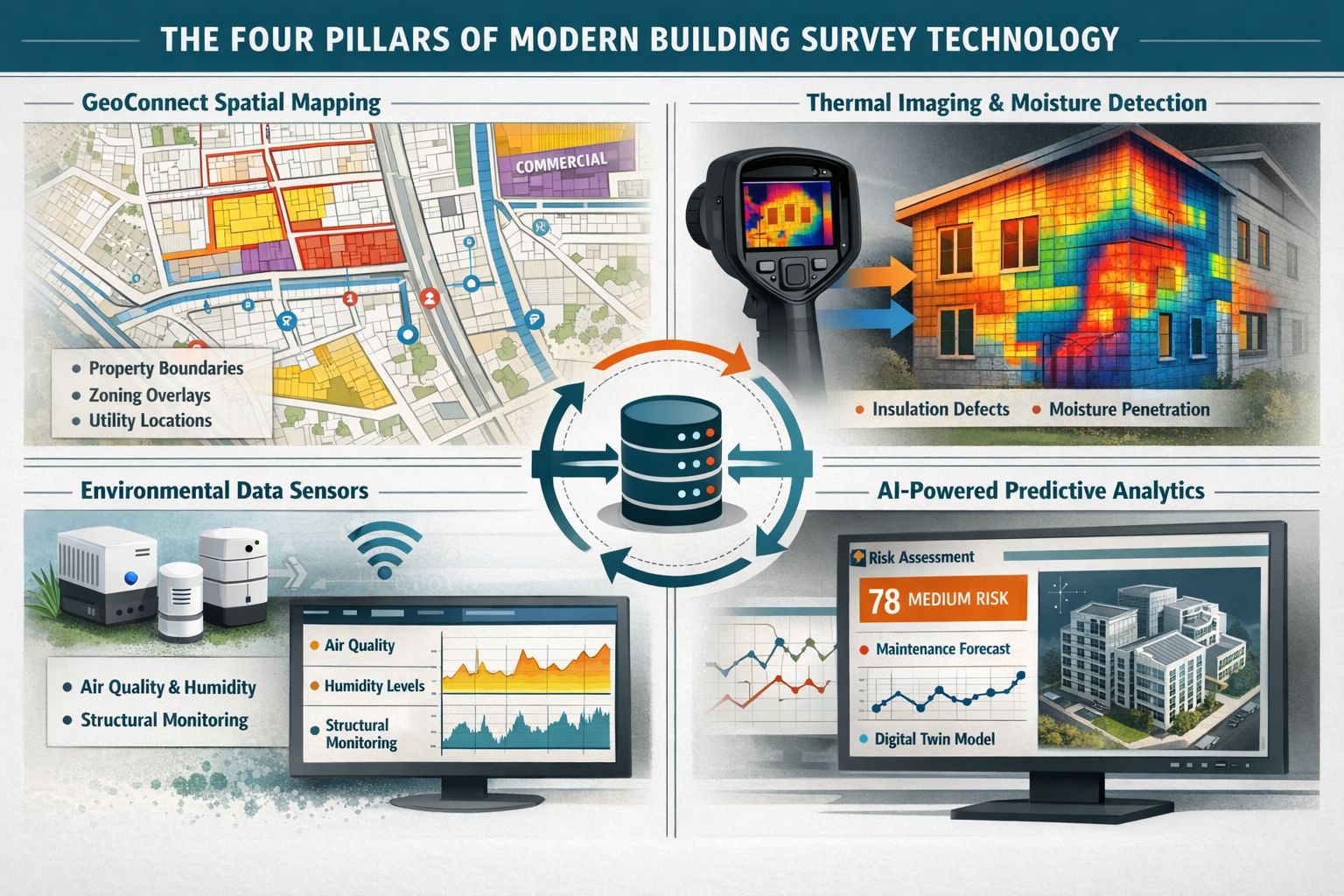 Comprehensive () infographic illustration demonstrating the four core pillars of modern building survey technology stack.