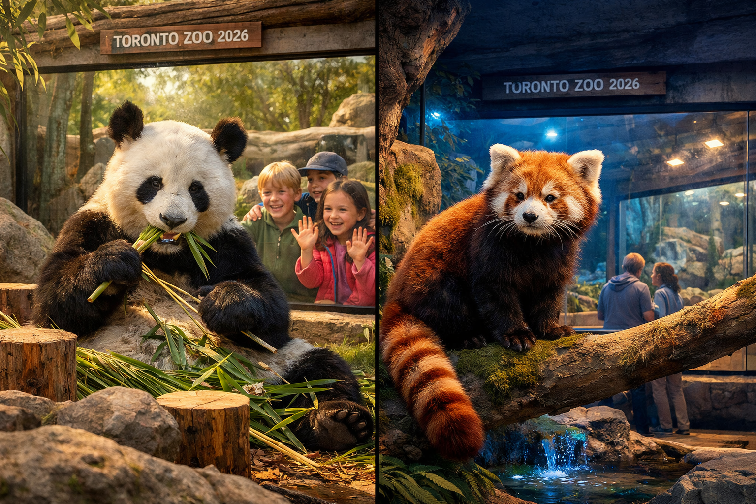 () editorial illustration showing a split-scene: left side features a giant panda eating bamboo in a modern zoo enclosure