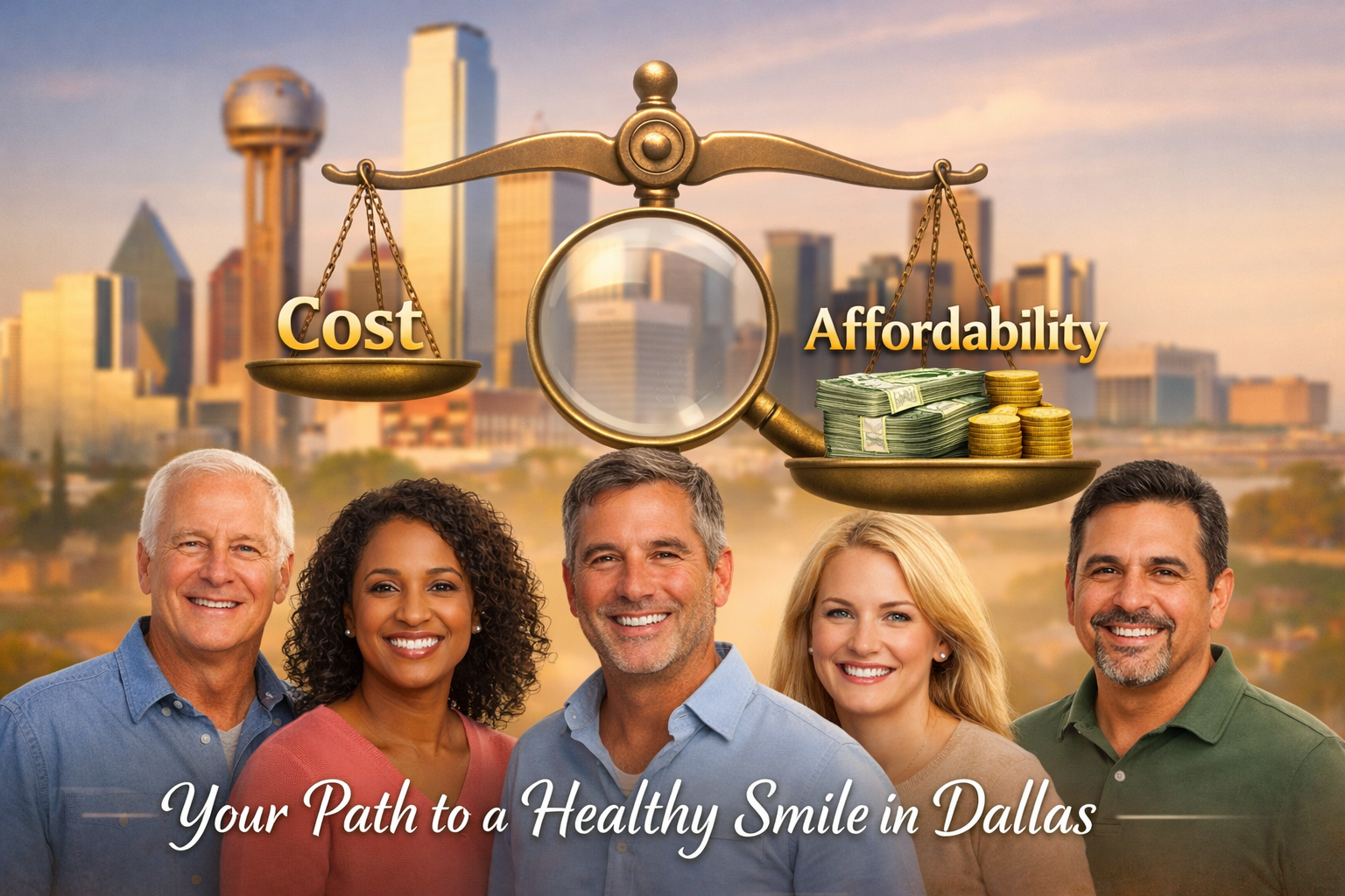 A visually engaging concept image in () showcasing a Dallas skyline in the background, subtly blurred, symbolizing local