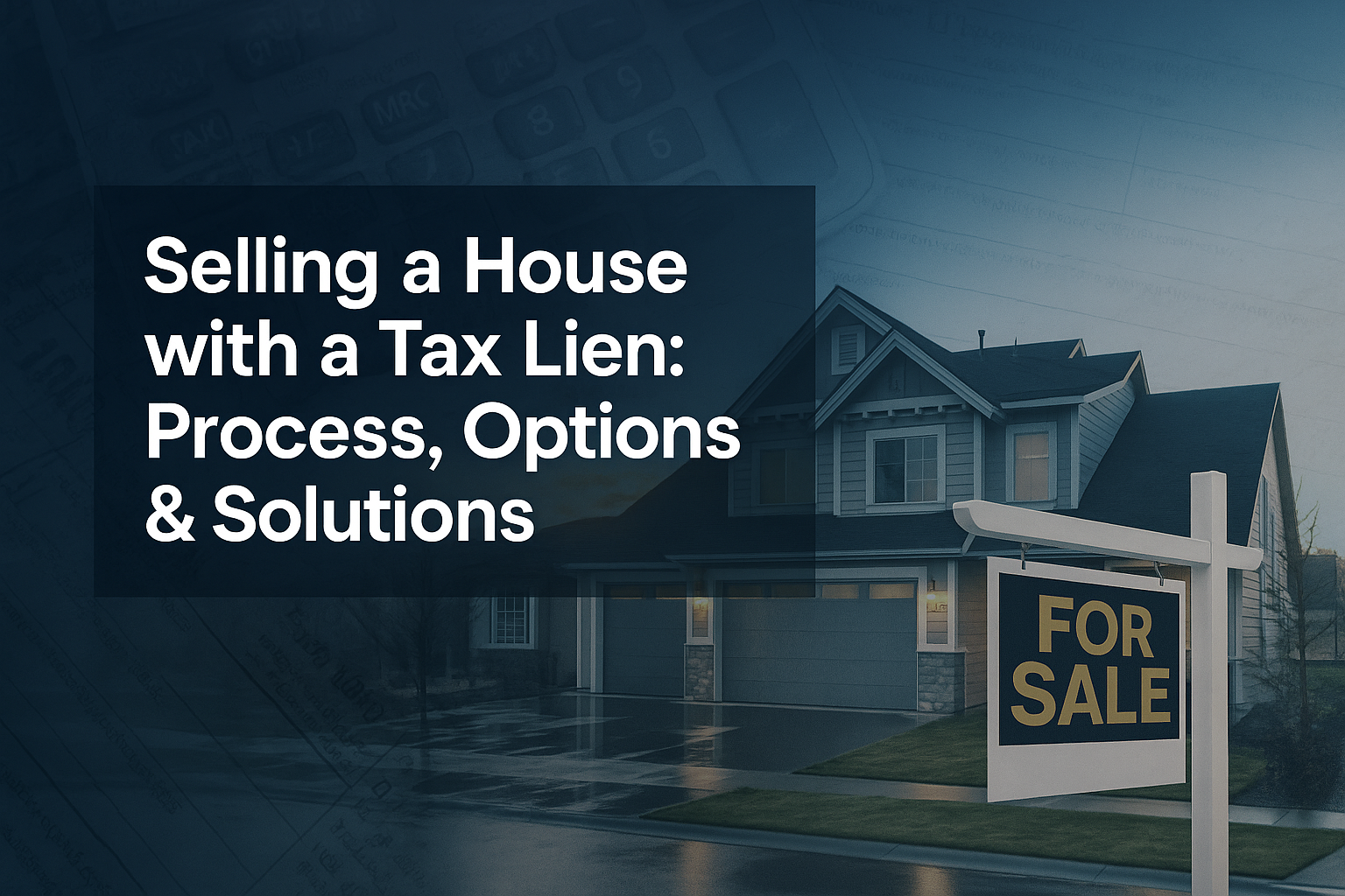 Professional landscape hero image (1536x1024) featuring bold text overlay 'Selling a House with a Tax Lien: Process, Options & Solutions' in