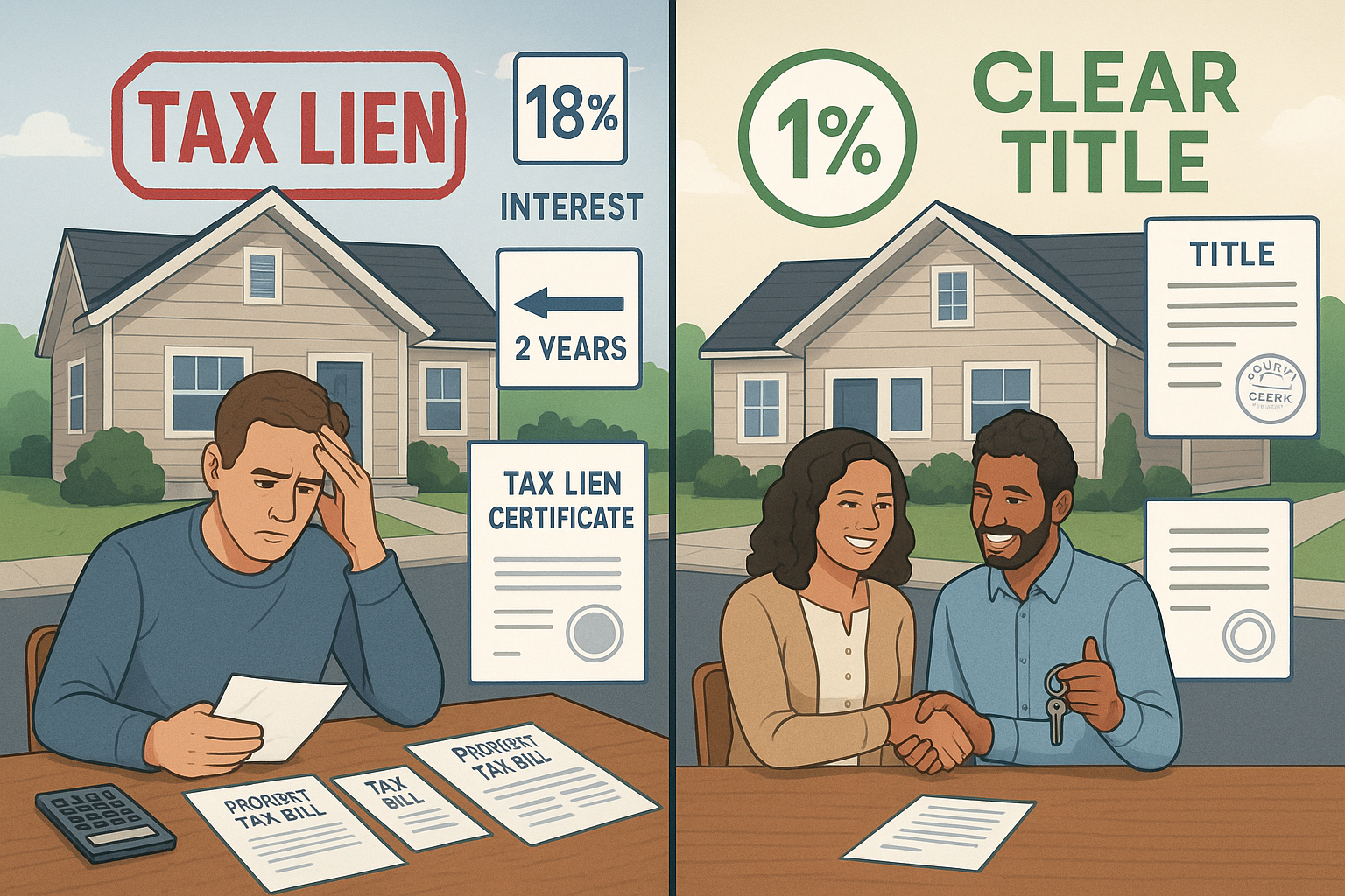 Detailed editorial illustration (1536x1024) showing split-screen comparison of property sale scenarios with tax liens. Left side displays ho