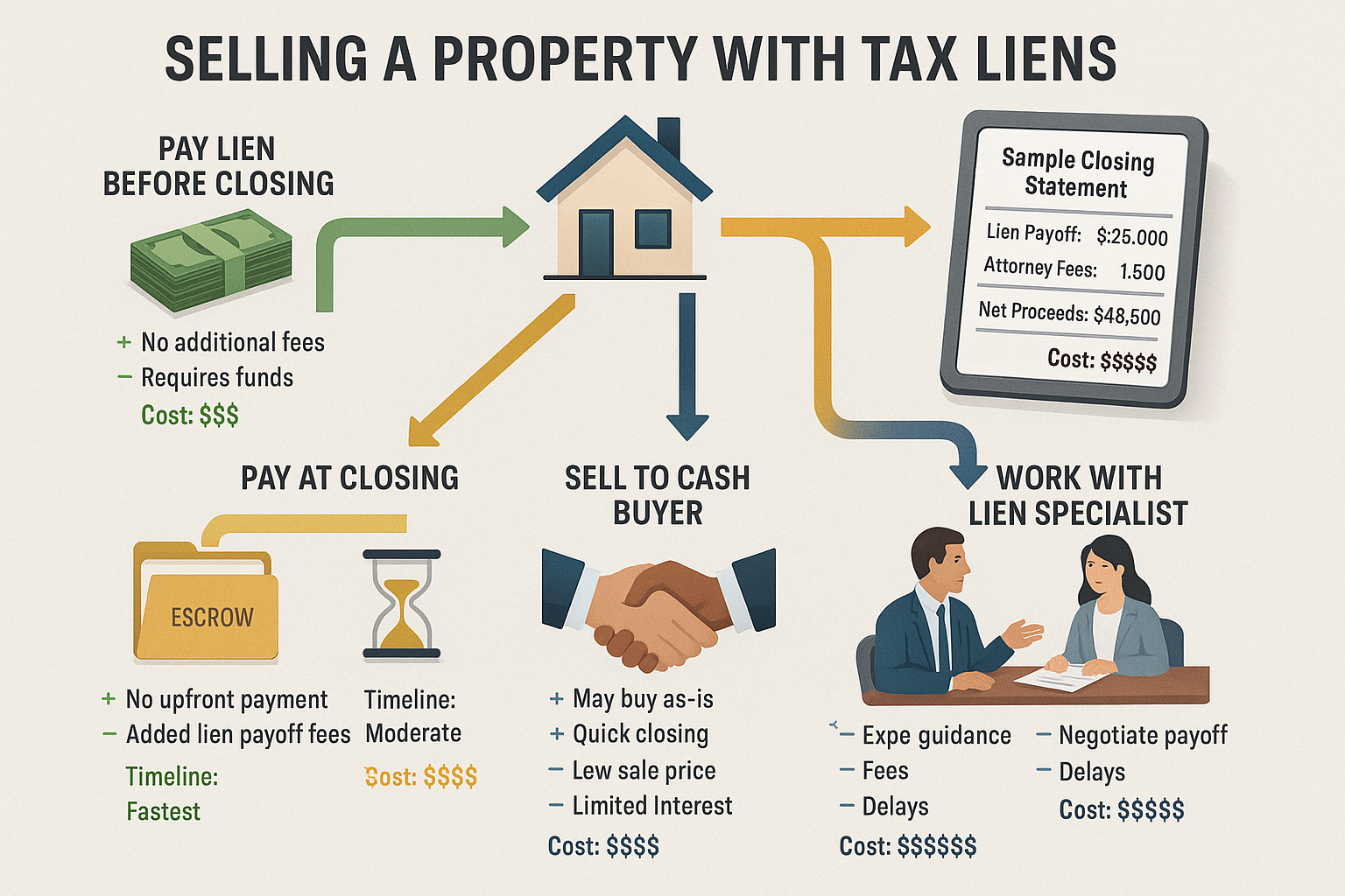 Comprehensive landscape infographic (1536x1024) illustrating multiple pathways for selling property with tax liens. Central house icon with