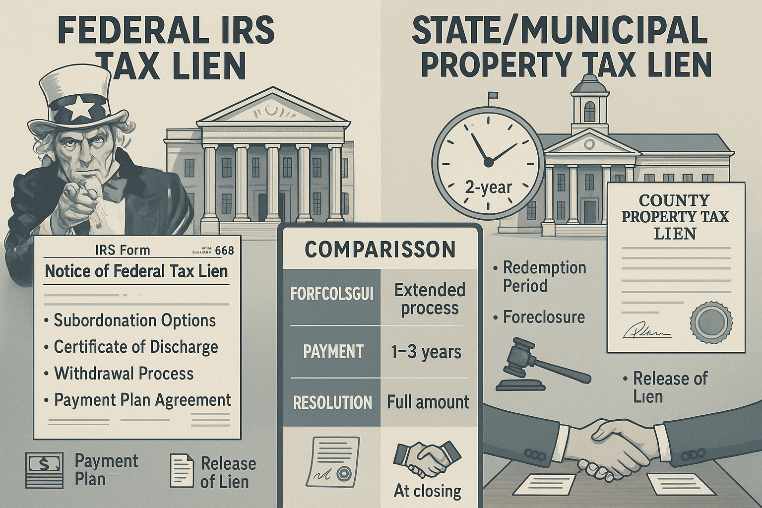 Detailed landscape educational graphic (1536x1024) comparing federal IRS tax liens versus state/municipal property tax liens side-by-side. L