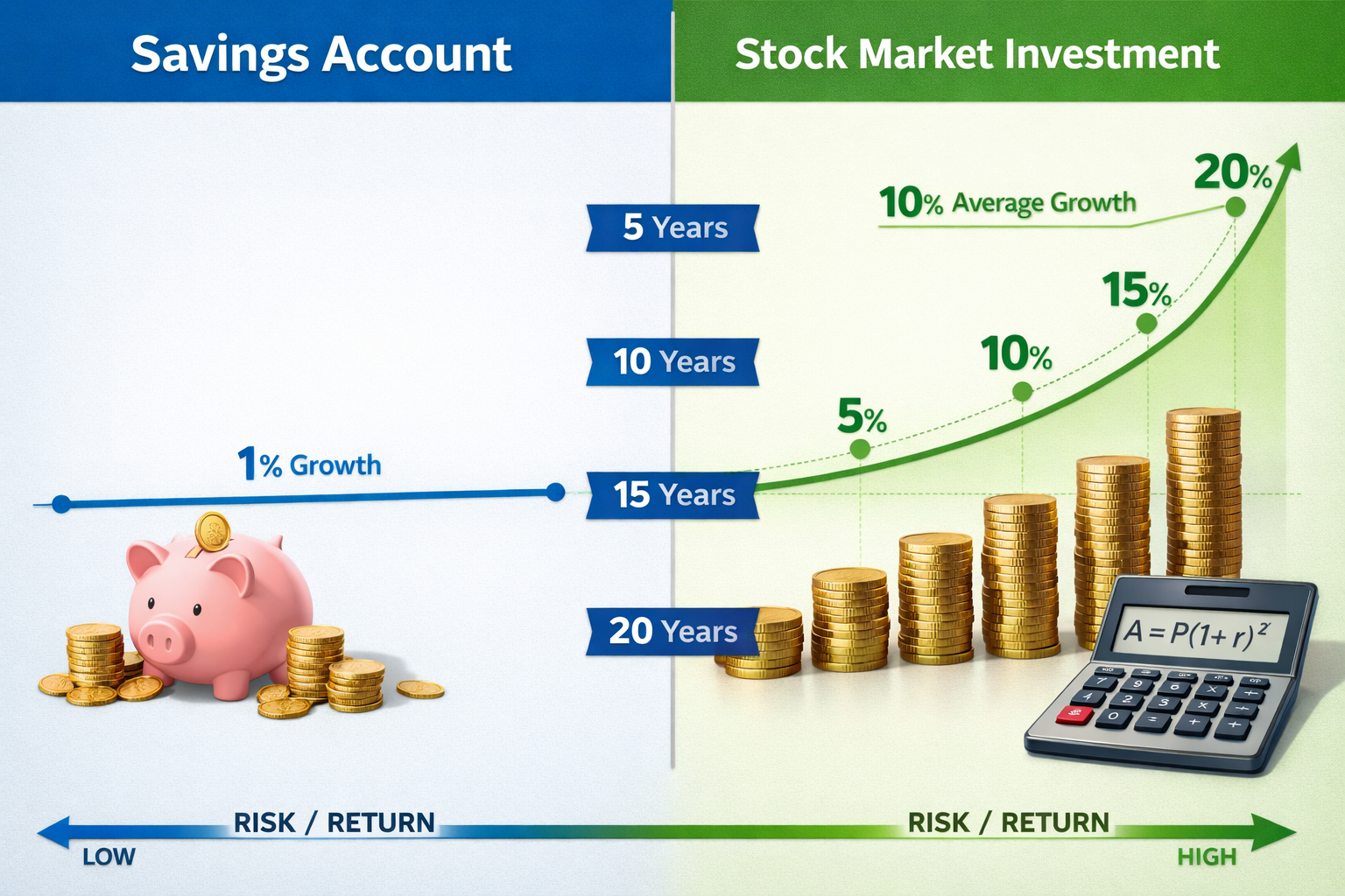 Detailed landscape infographic (1536x1024) illustrating the fundamental difference between saving and investing with split-screen compositio