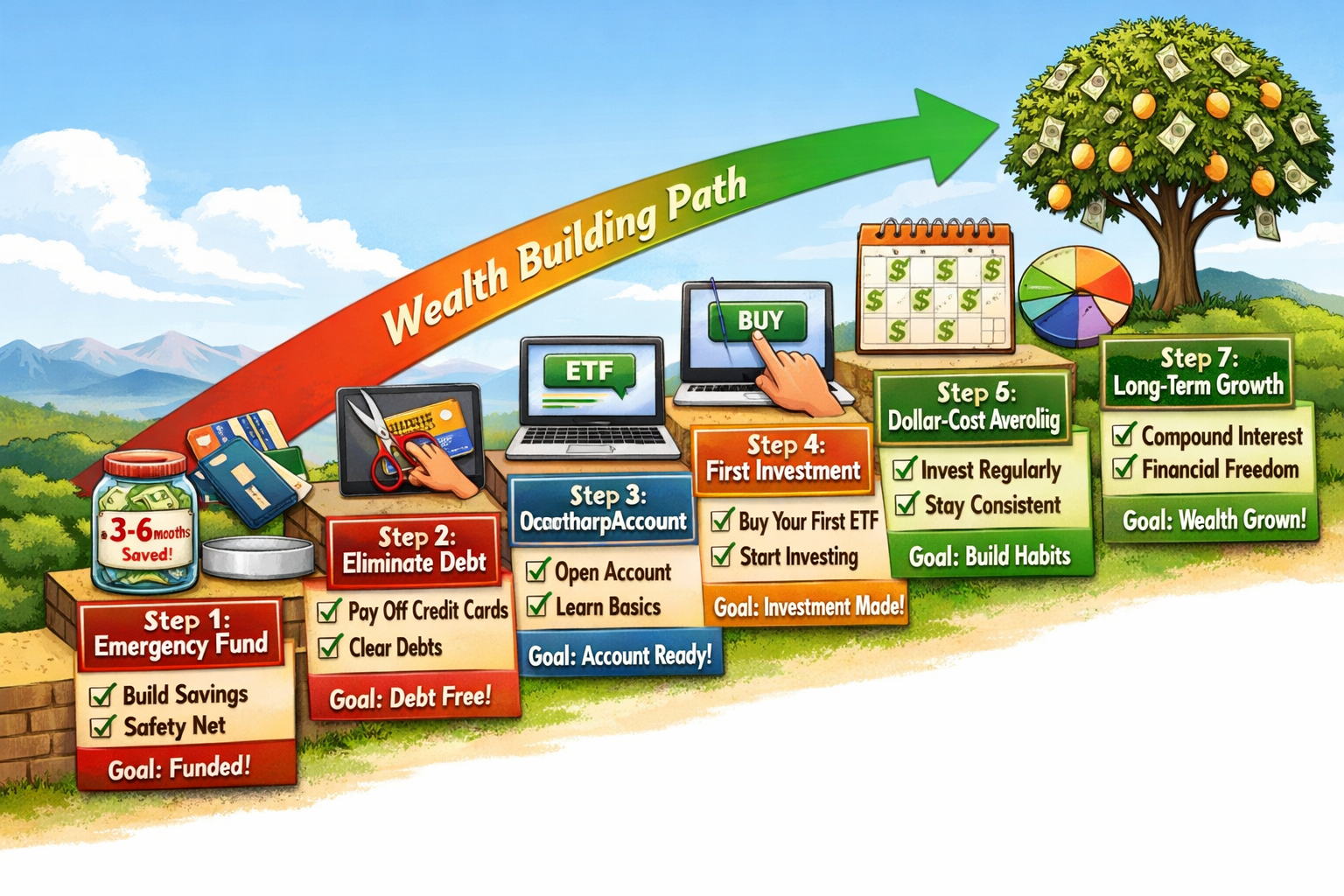 Interactive landscape roadmap illustration (1536x1024) showing step-by-step beginner investment journey as ascending staircase from left to