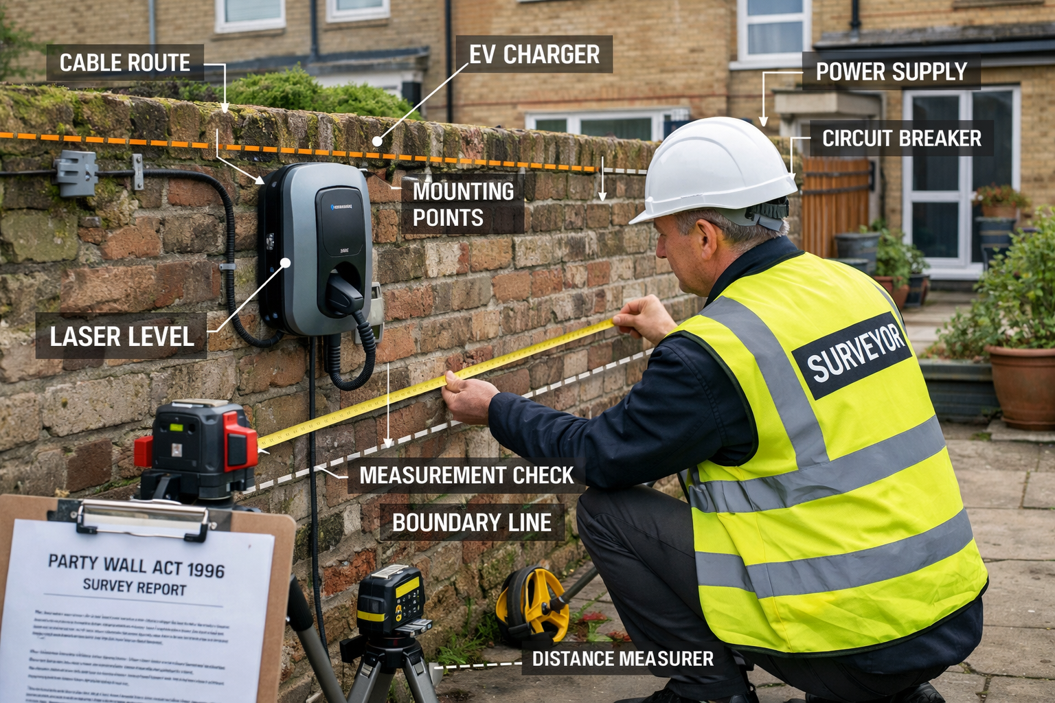 Detailed () image showing professional party wall surveyor in high-visibility vest conducting boundary inspection between