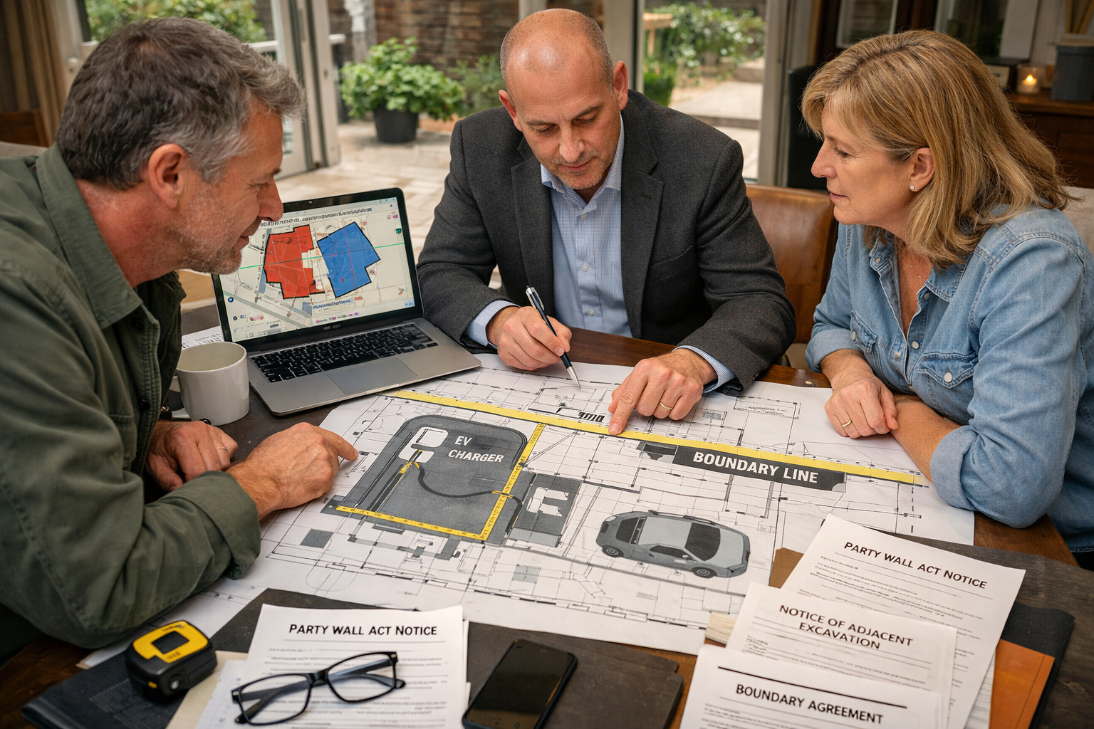Wide-angle () scene depicting residential boundary dispute resolution meeting, property owners and party wall surveyor