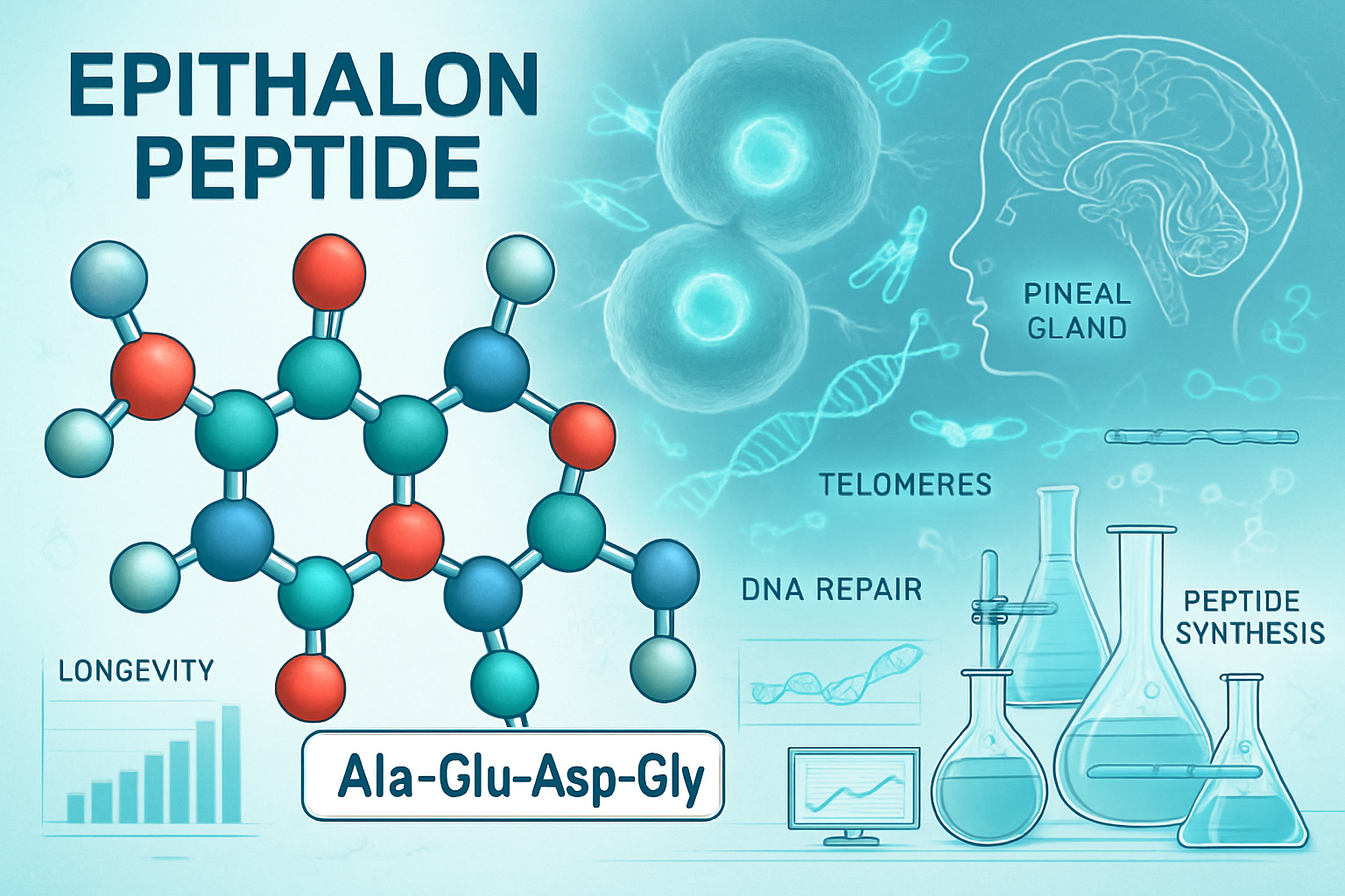Scientific illustration showing epithalon peptide molecular structure with amino acid sequence Ala-Glu-Asp-Gly highlighted in 3D rendering.