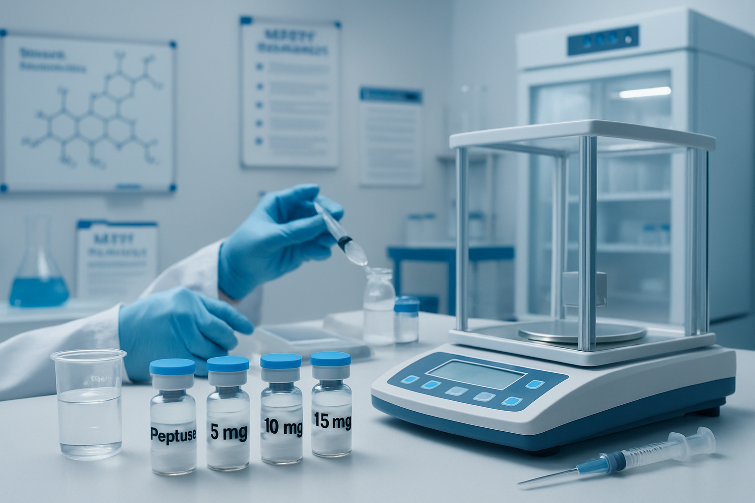 Professional research laboratory scene showing peptide vials labeled with dosage measurements, precision scales, reconstitution supplies, an