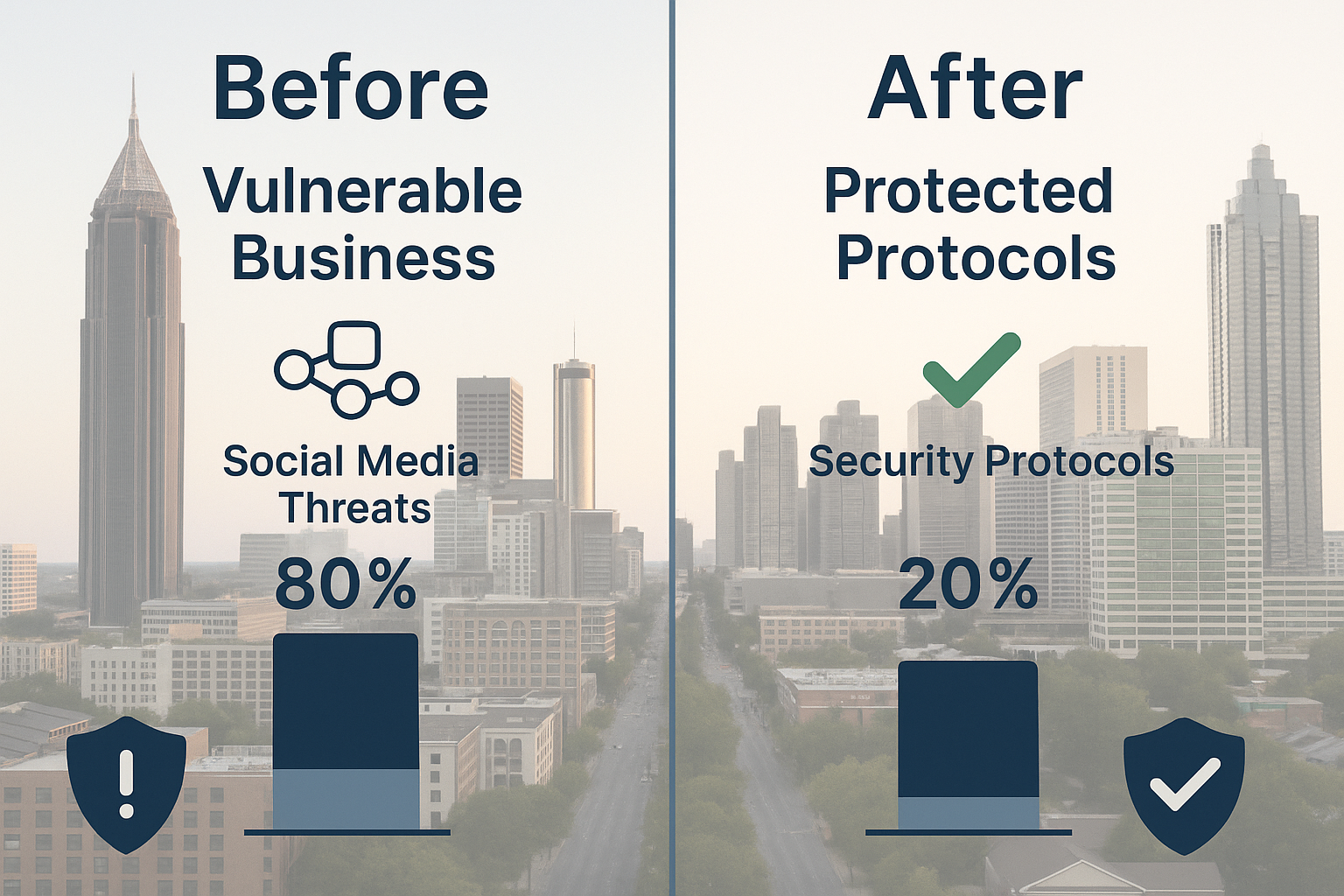 Split-screen comparison chart showing 'Before vs After' cybersecurity awareness training impact, left side displays vulnerable business scen