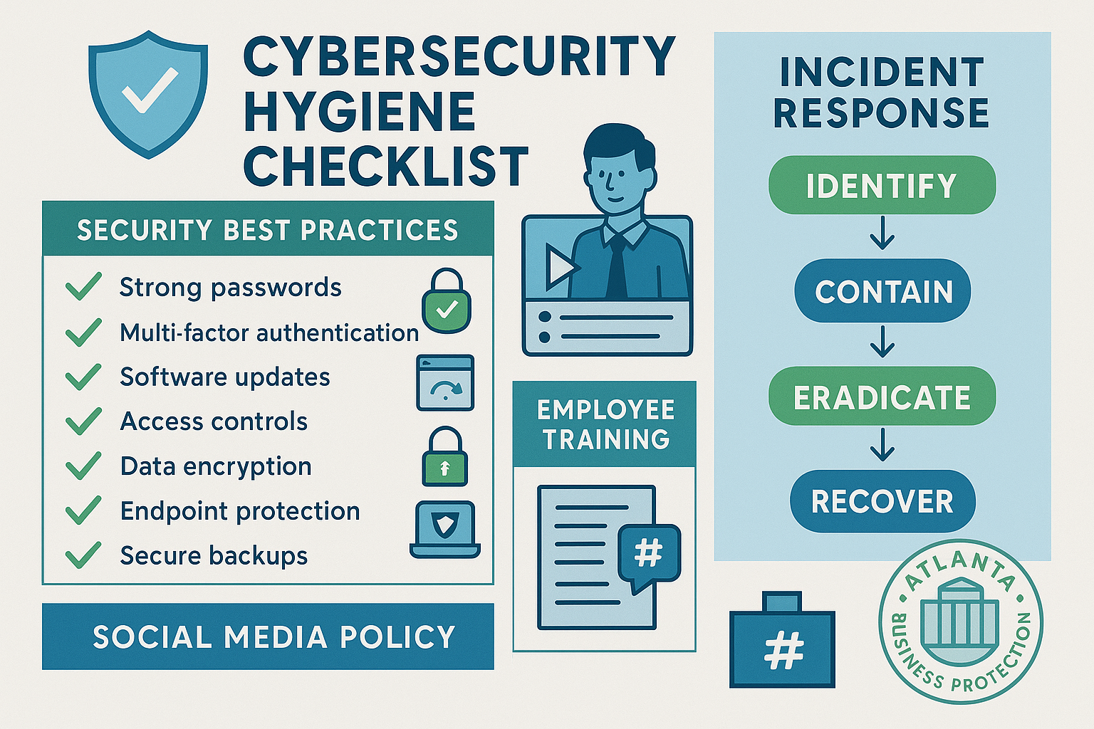 Comprehensive cybersecurity hygiene checklist visualization with checkboxes, security best practices icons, employee training modules, socia