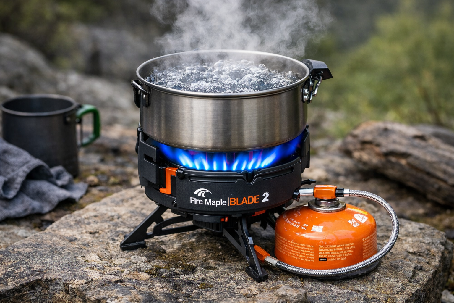 Fire Maple Blade 2 in action with blue flame boiling water outdoors