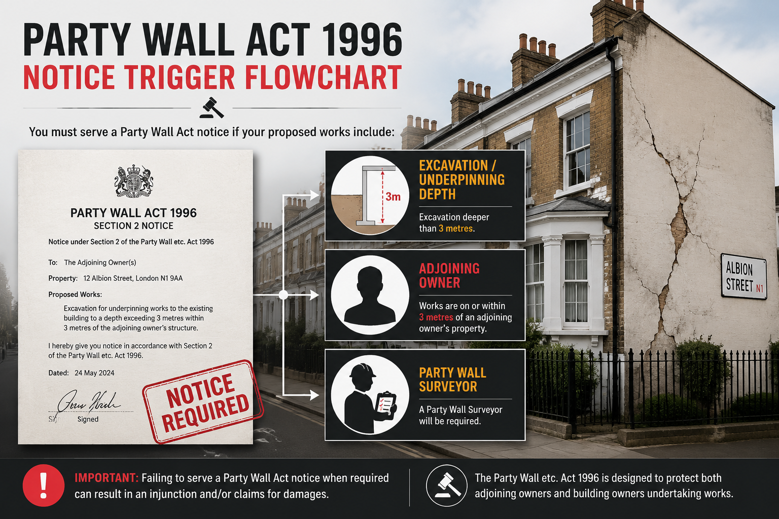 Detailed () infographic-style image showing a Party Wall Act notice trigger flowchart: a formal legal notice document on the