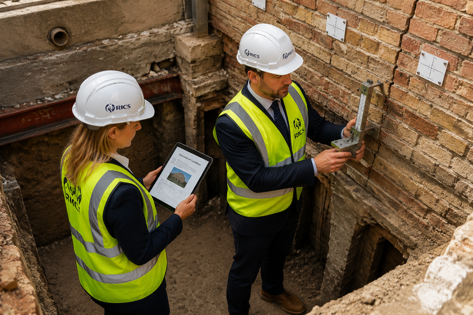 () showing two professional RICS-accredited surveyors in hard hats and suits standing inside a basement underpinning