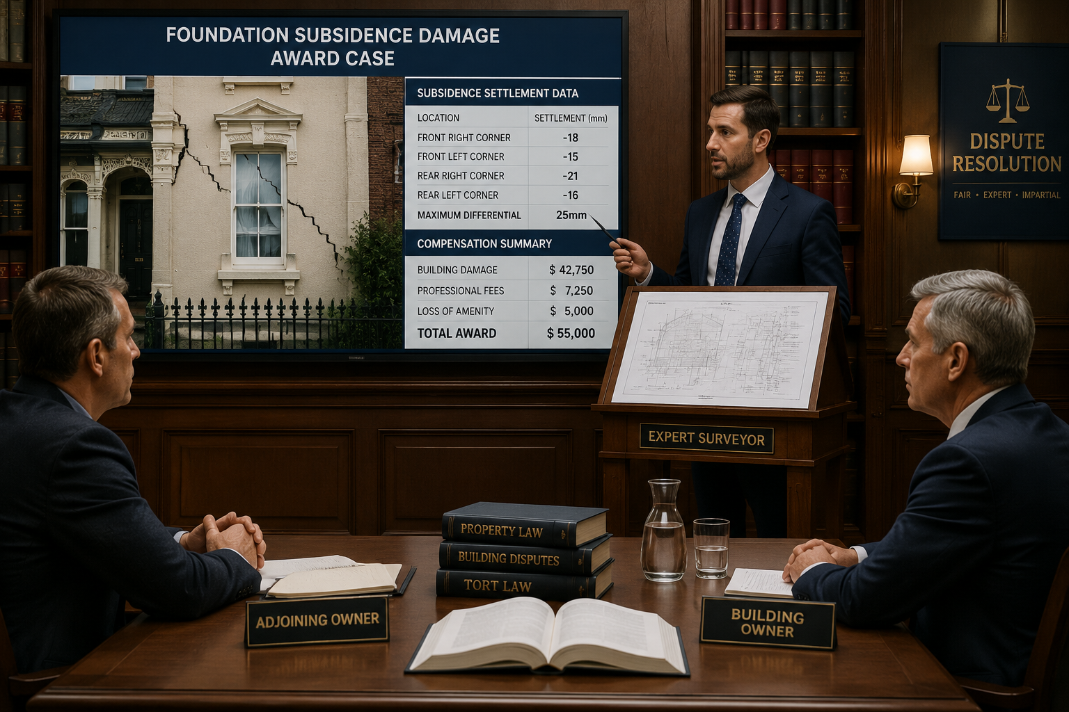 () depicting a courtroom-style dispute resolution scene with a surveyor presenting a foundation subsidence damage award