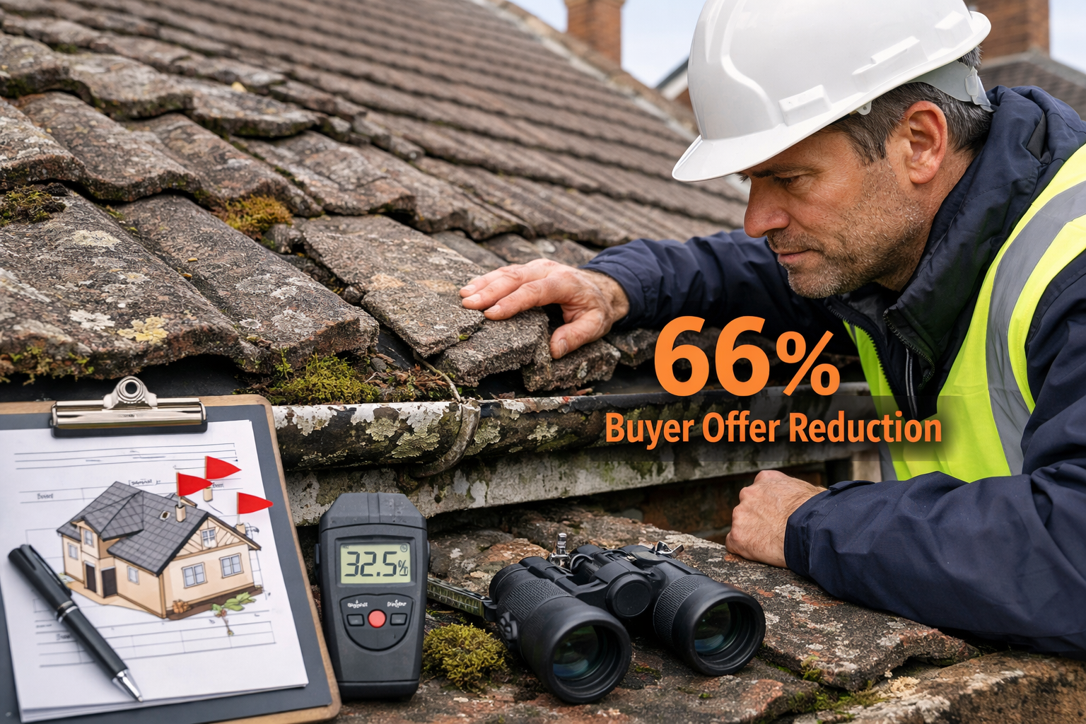 () detailed close-up inspection scene showing chartered surveyor in hard hat examining damaged roof tiles and deteriorating