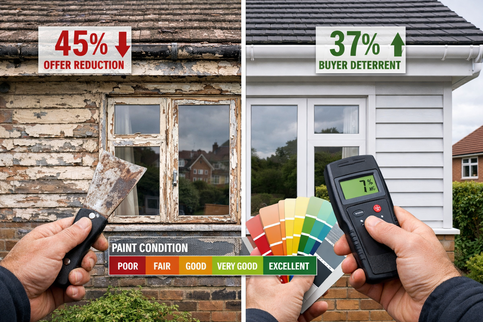 () wide-angle exterior shot of property facade showing detailed paint condition assessment with split comparison: left half