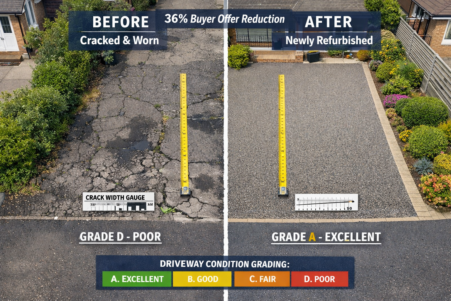 () overhead drone-style perspective showing residential driveway condition comparison with clear before-after visual split.