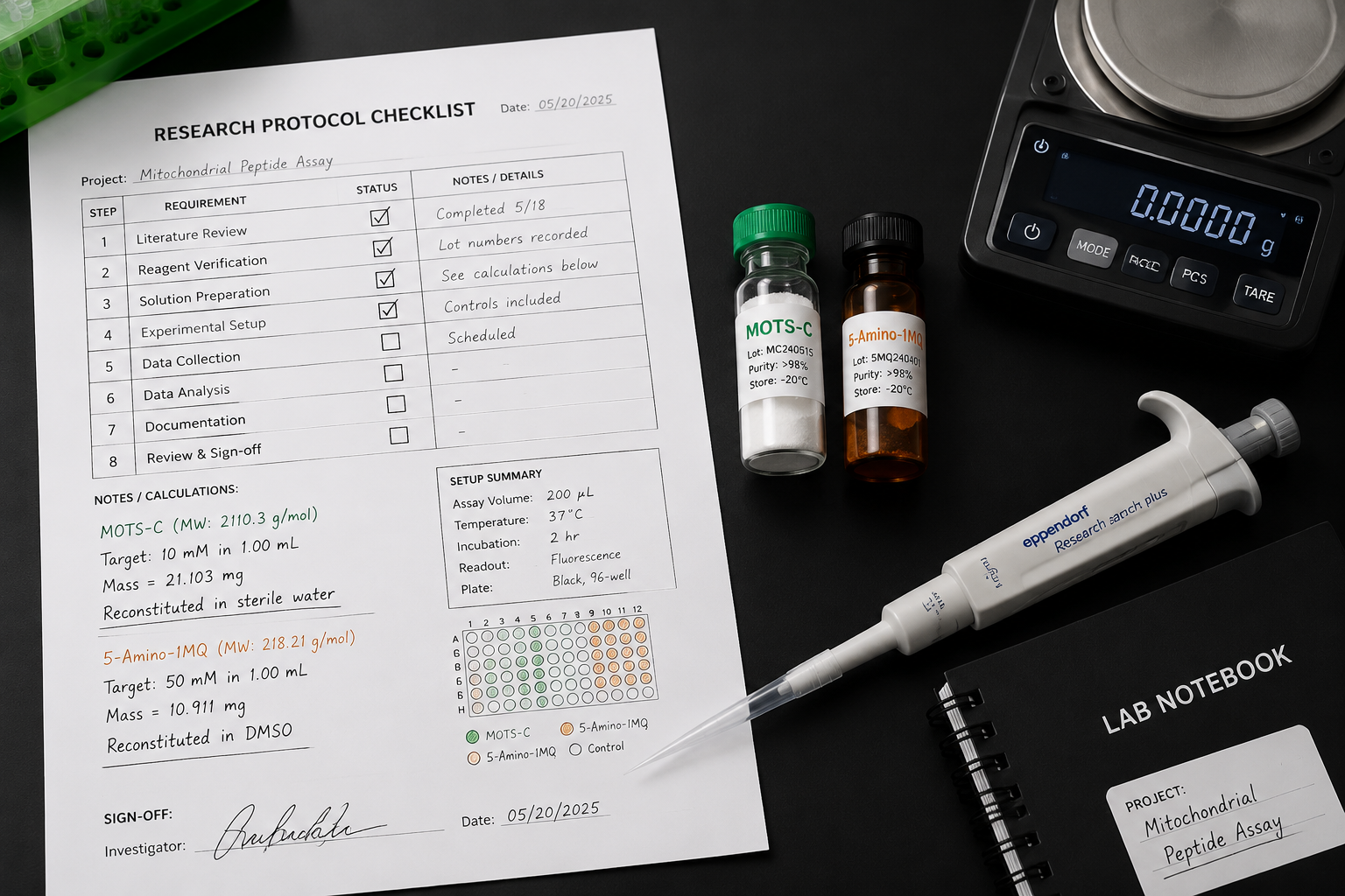 Detailed () overhead flat-lay composition showing a research protocol checklist on white paper with handwritten annotations,