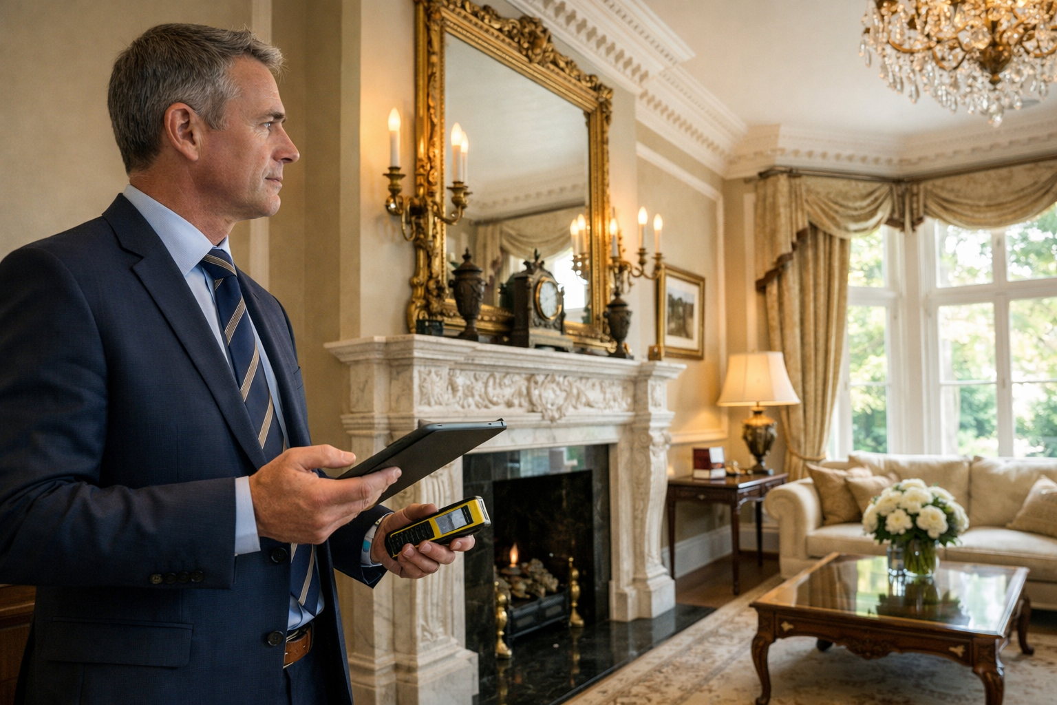 () professional scene of RICS chartered surveyor conducting property valuation inspection inside luxury UK home, surveyor in