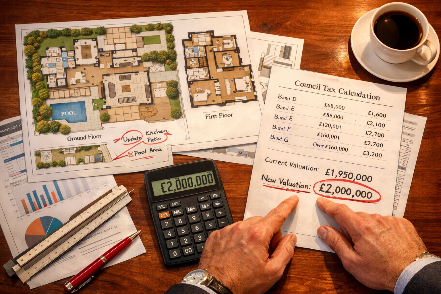 () strategic planning concept image showing overhead view of luxury property floor plans spread on mahogany desk surface,