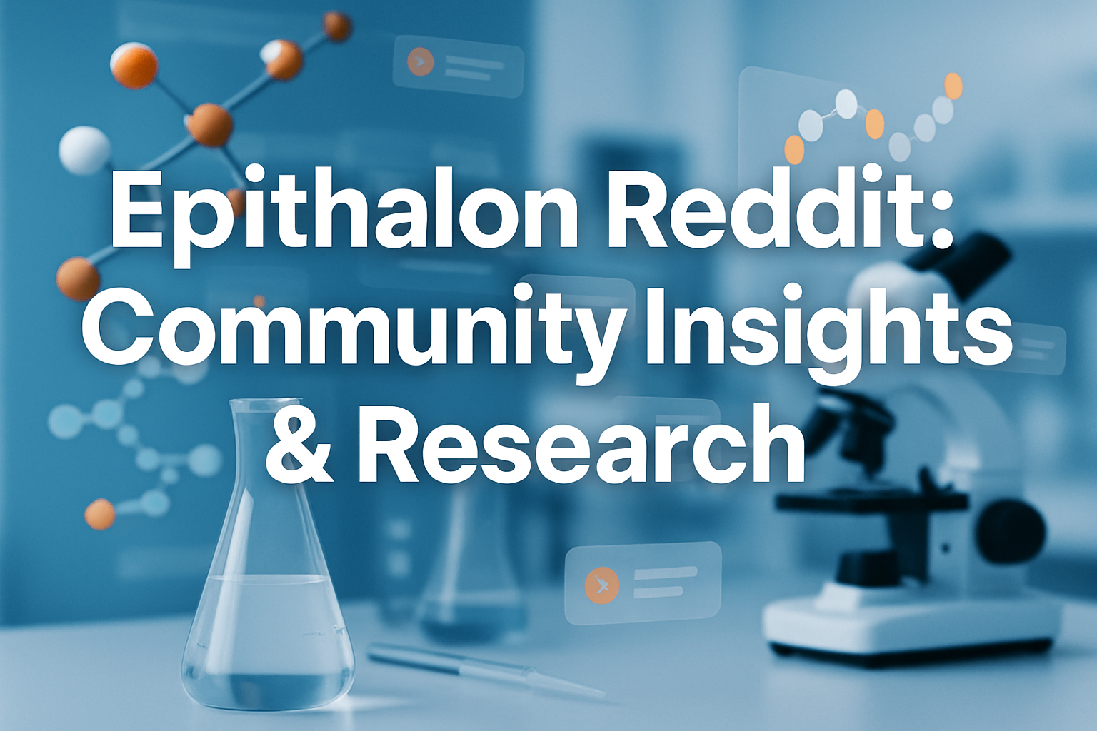 Professional landscape hero image (1536x1024) featuring bold text overlay 'Epithalon Reddit: Community Insights & Research' in extra large 7
