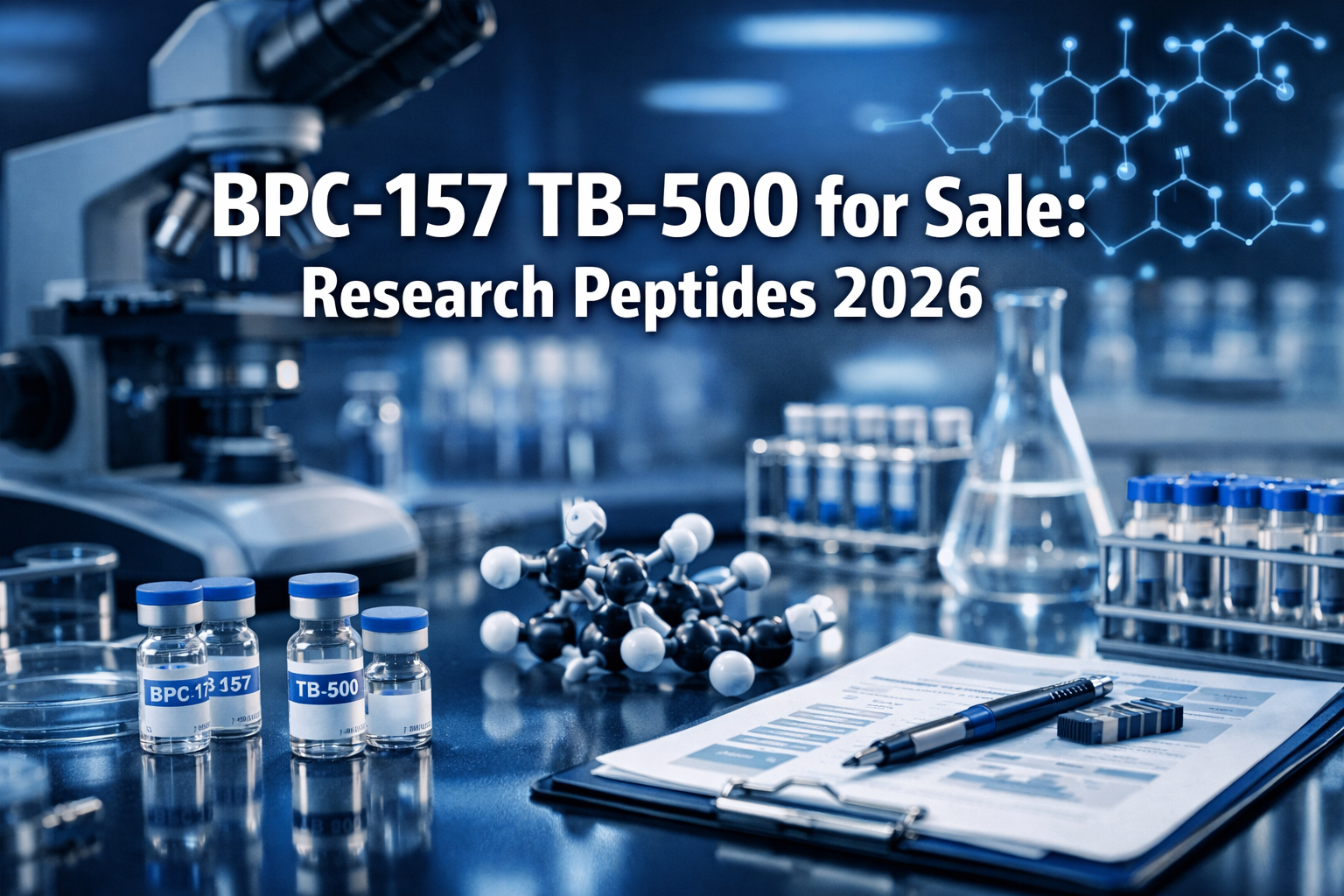 Professional landscape hero image (1536x1024) featuring bold text overlay 'BPC-157 TB-500 for Sale: Research Peptides 2026' in extra large 7