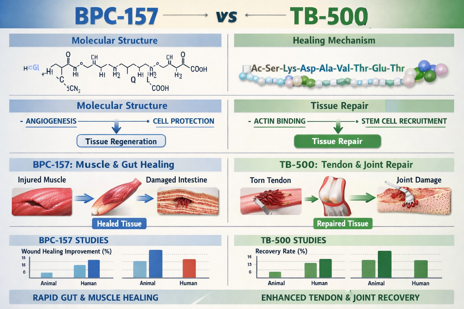 Comparative infographic displaying BPC-157 vs TB-500 benefits with side-by-side molecular structures, healing pathway diagrams, tissue repai