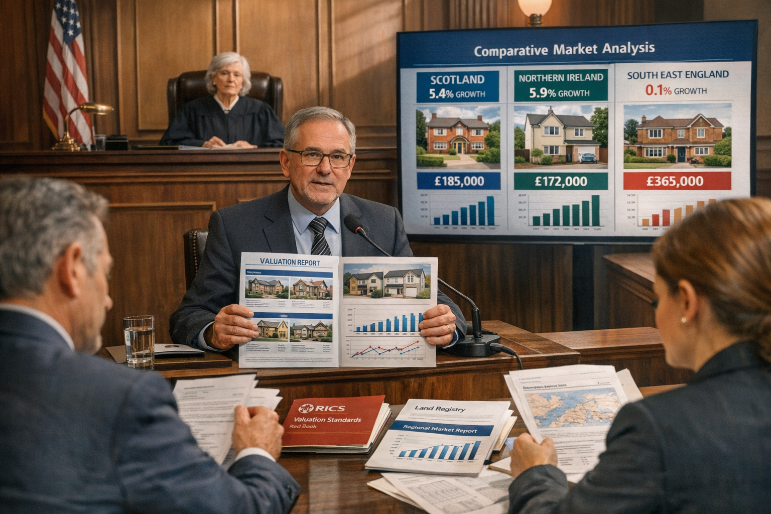 () professional courtroom scene showing expert witness testifying at stand, holding detailed valuation report with visible