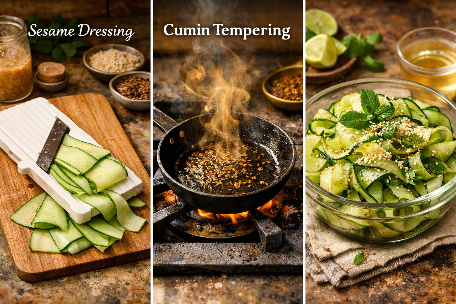 Detailed () editorial food photography showing a step-by-step visual collage: left panel displays a wooden cutting board