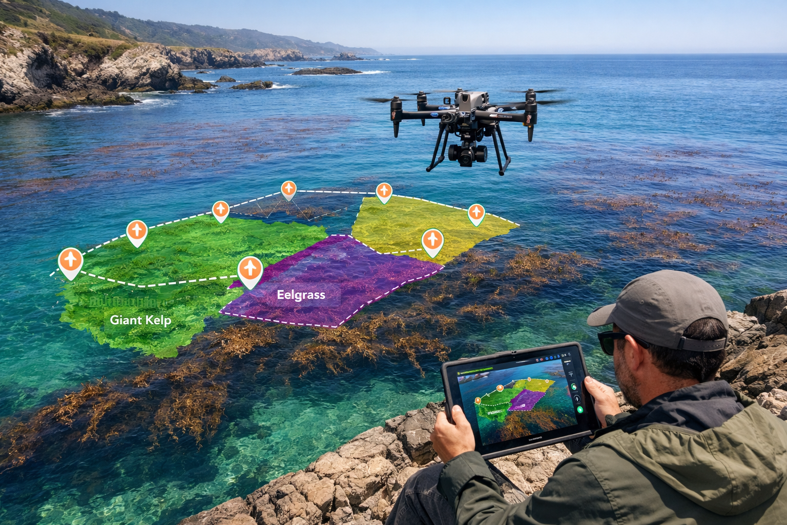 () aerial drone survey operation scene showing unoccupied aerial system (UAS) quadcopter drone hovering above coastal kelp