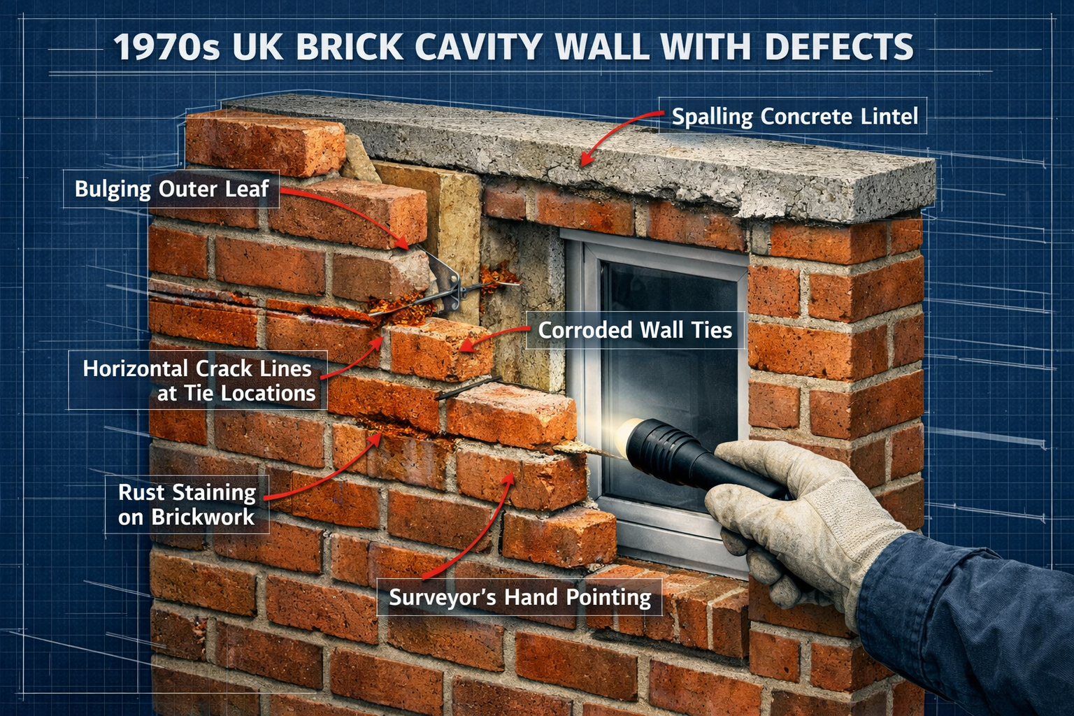 Detailed () editorial illustration showing a cross-section diagram of a 1970s UK brick cavity wall with annotated defects: