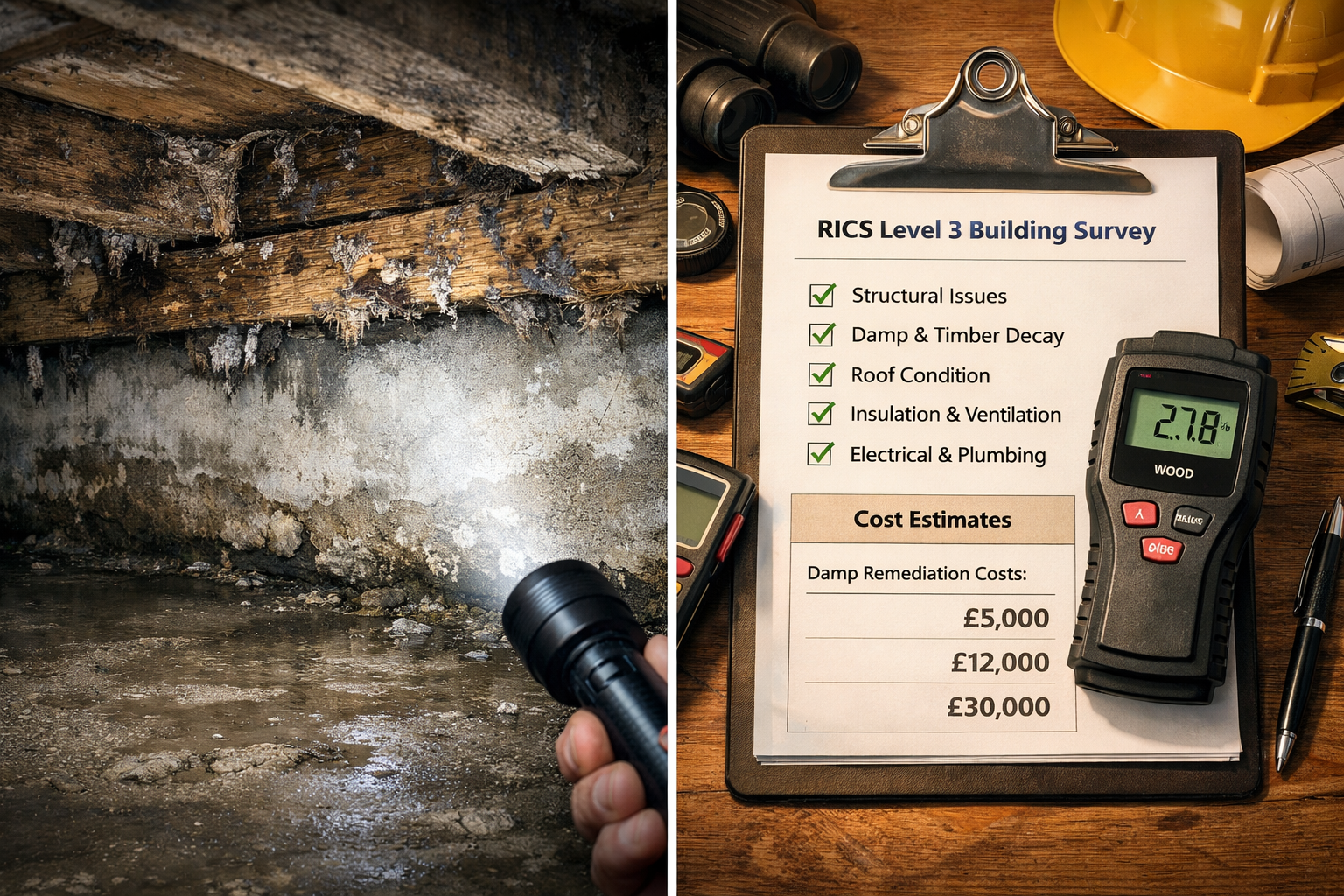 () split-panel infographic image: left panel shows a damp-stained solid concrete ground floor with rising moisture tide