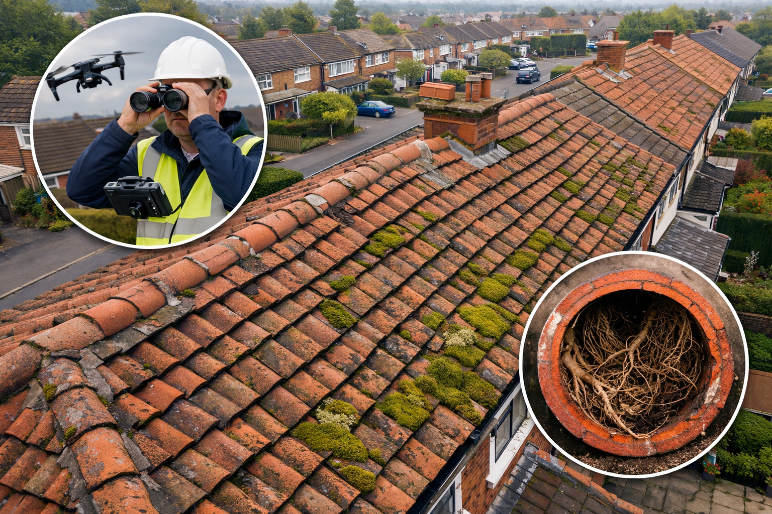 () overhead bird's-eye view of a 1980s UK suburban street with roof tiles visible showing age-related deterioration, cracked