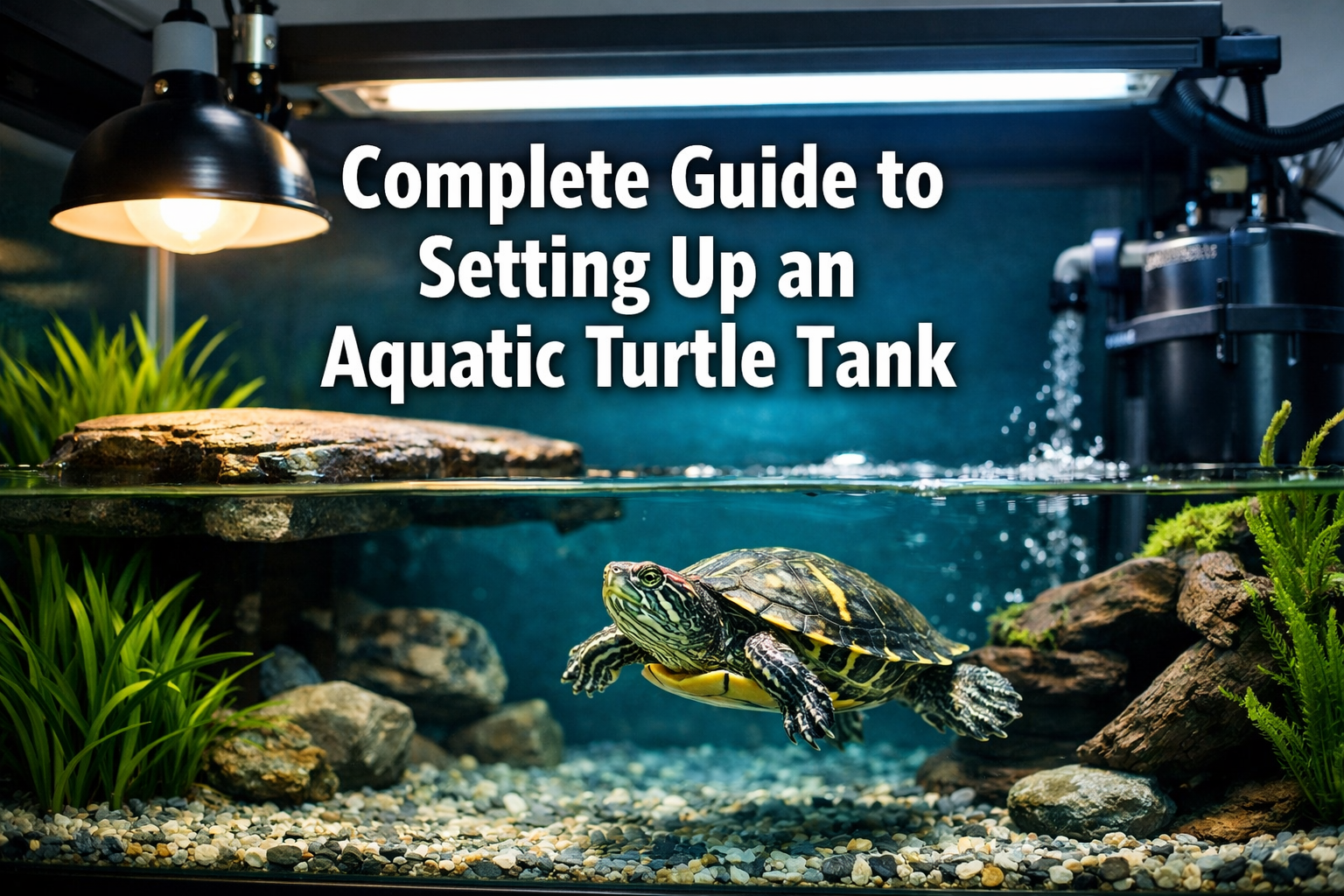 Professional landscape hero image (1536x1024) featuring bold text overlay 'Complete Guide to Setting Up an Aquatic Turtle Tank' in extra lar