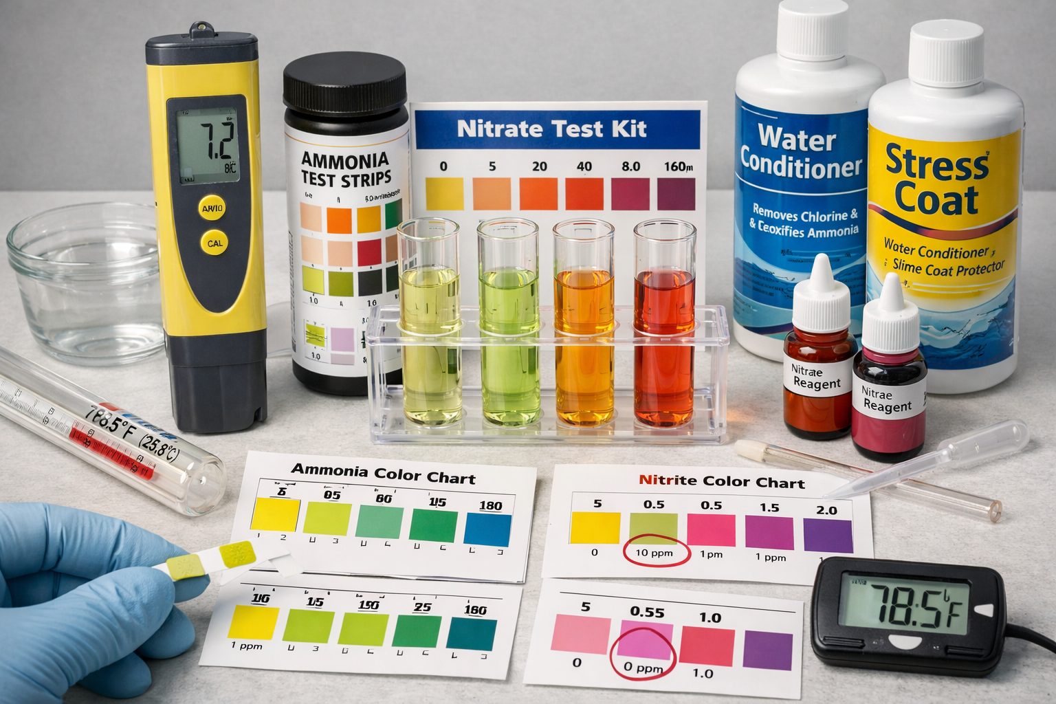 Comprehensive water quality testing scene showing digital pH meter, ammonia test strips, nitrate/nitrite test kits, thermometer readings, an