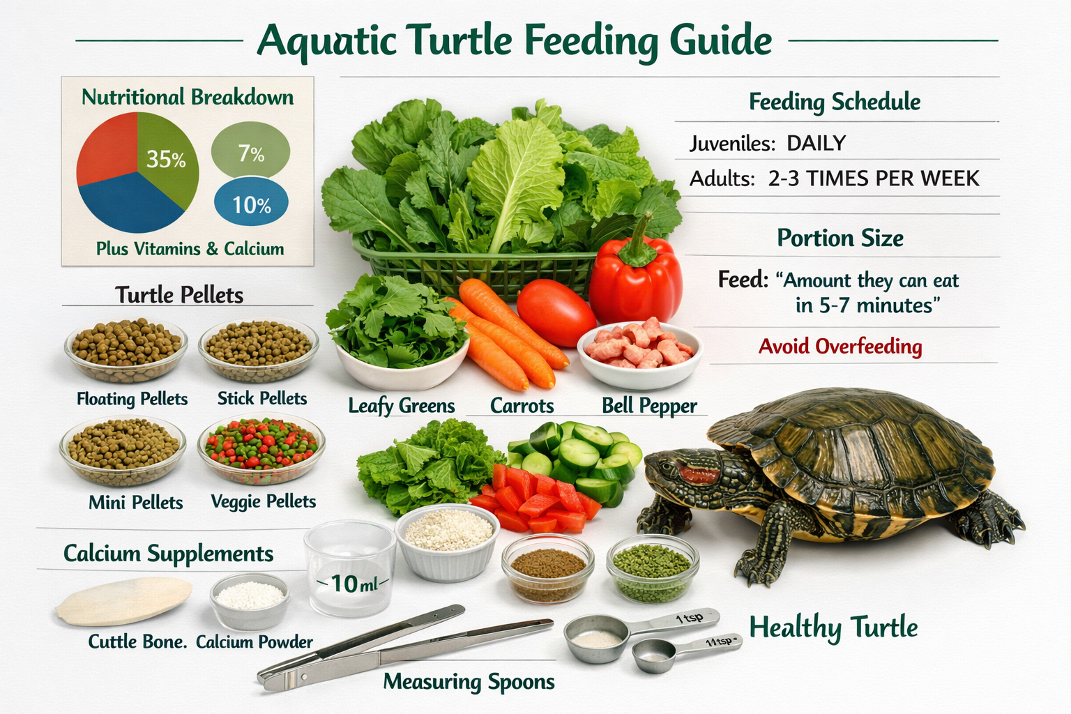 Professional aquatic turtle feeding demonstration showing variety of commercial turtle pellets, fresh vegetables, calcium supplements, and f